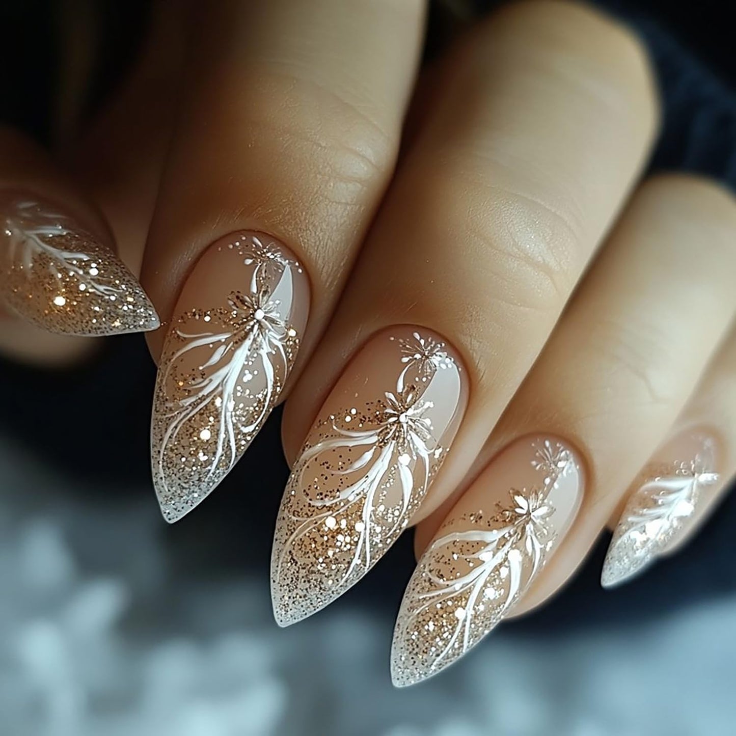 CJDLTS Press on Nails Medium Almond Shaped Flower False Nails Glitter Powder Design Full Cover Nude Stick on Nail Artificial Acrylic Press Ons French Tip Glue on Nail for Women Manicure Art 24Pcs
