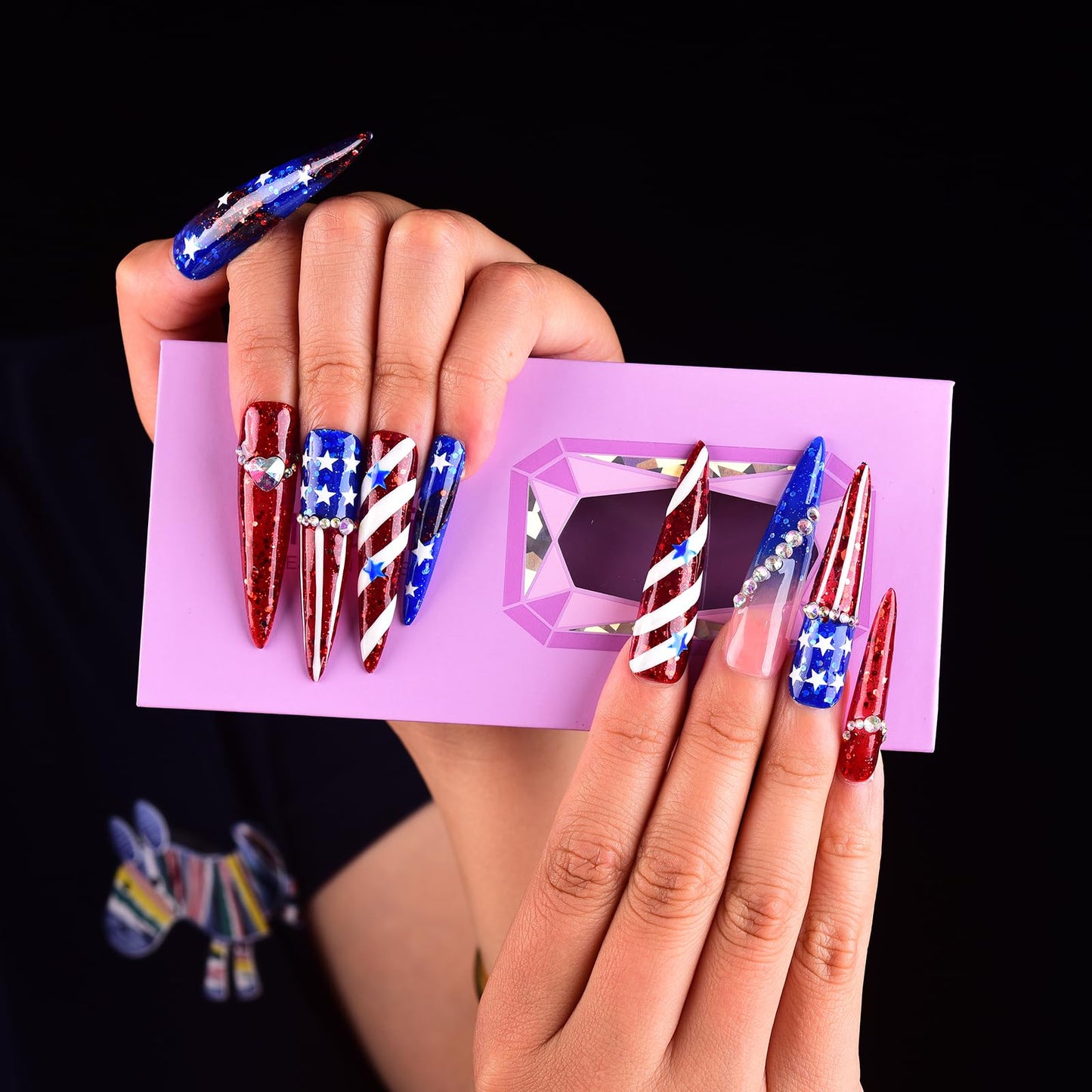 Tmani 10pc/set Extra Long Handmade Press On Nail Hot Girl's Long Ballet Nails Pointed Nail Full of Diamond Glitter Decoration Fake Nails Suitable For Girls Festival Parties and Birthday Gift (008,M)