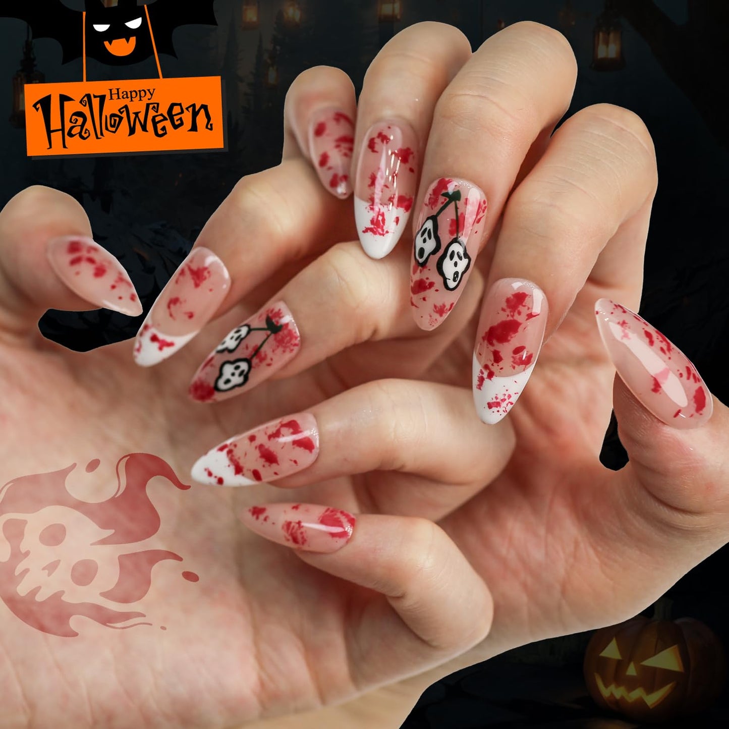 Yacey Halloween Handmade Press on Nails Medium Almond, Reusable Muti-Gel False Nails Press Ons, Horror Blood Design French Tips Thick Acrylic Fake Nails, 3D Glue on Nails for Women Girls (10 Pcs, S)
