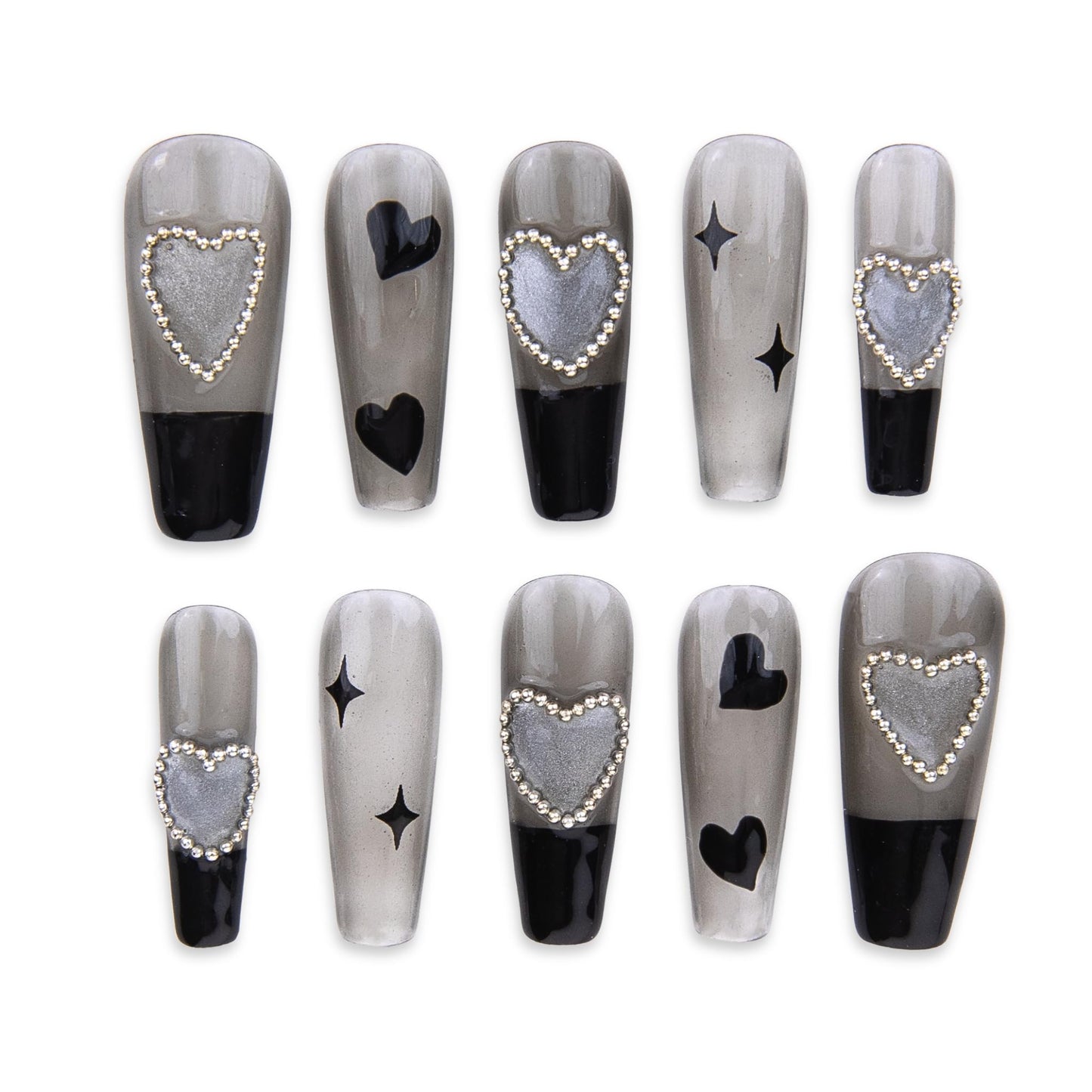 SIYOU Beauty | Starlit Love | Grey and Black Glitter Romantic Long Coffin Press On Nails for Women (Medium) - Reusable, Salon-Quality Fake Nails (10pc)