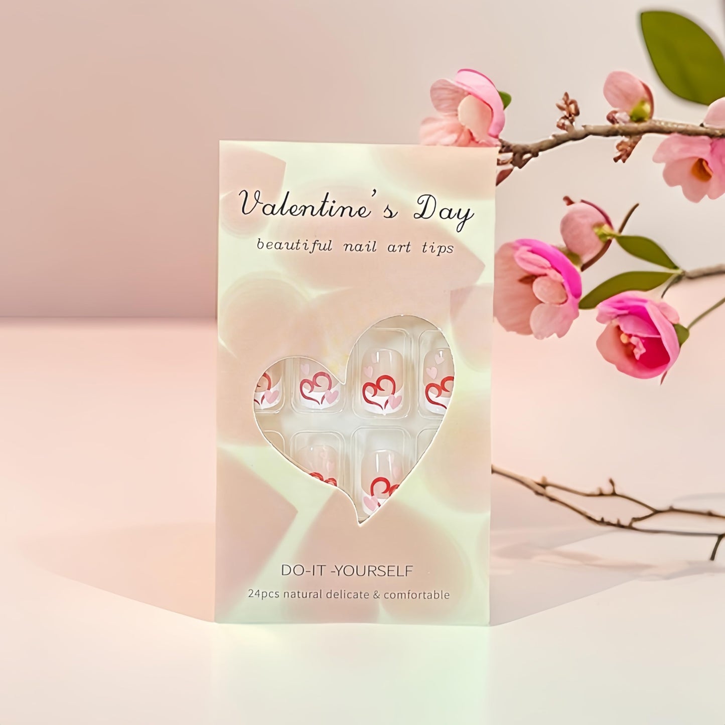 Valentines Press On Nails Short Square Red Heart Fake Nails Pink Heart Nails Press ons White French Tips Full Cover Acrylic Nails Glue on Nails Stick on Nails False Nails for Women Girls 24 Pcs