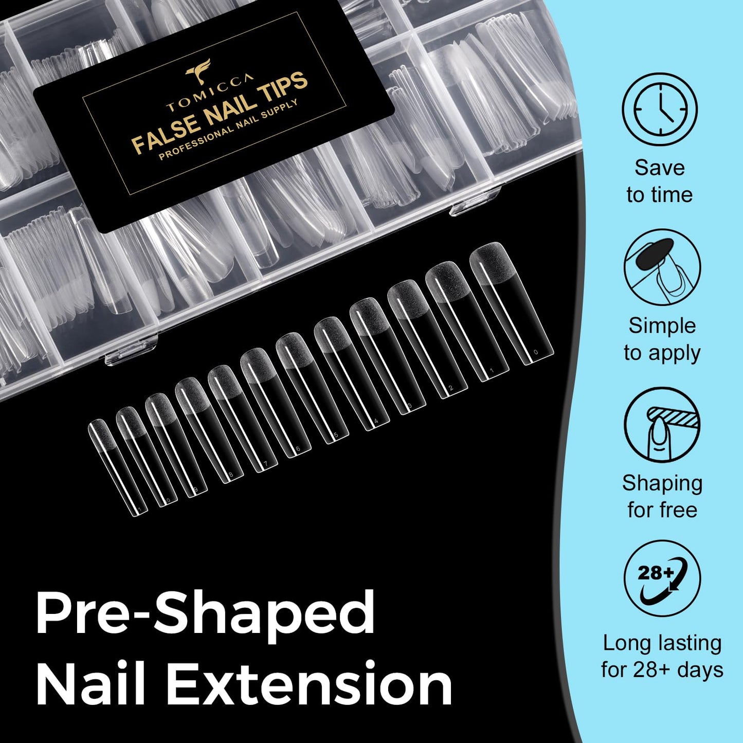 TOMICCA Extra Long Square Nail Tips, 240Pcs Pre-Shaped Half Matte Clear Full Cover False Nails 12 Sizes Gel Nail Tips for Extension Nail Home DIY