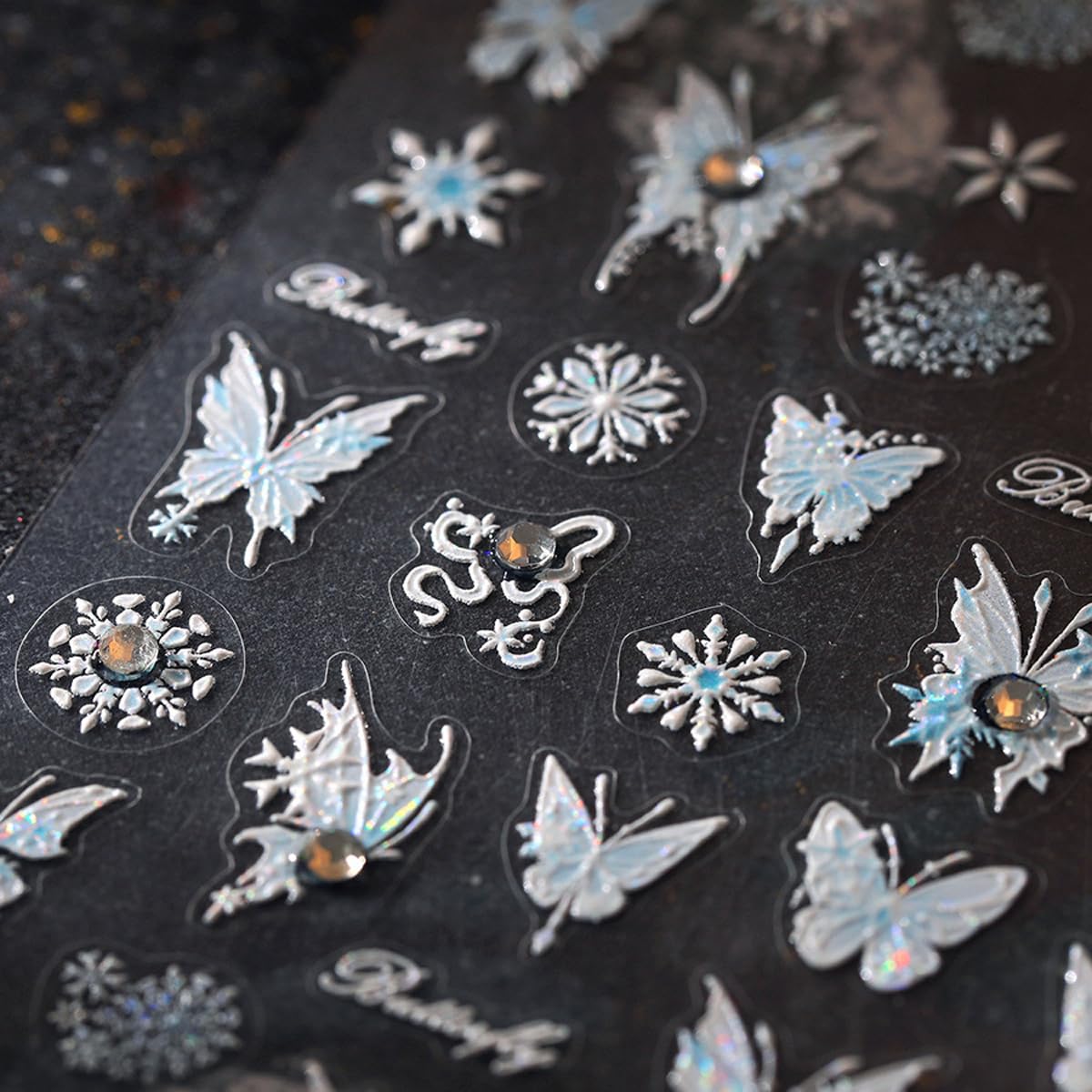 5D Embossed Butterfly Nail Stickers with Rhinestone Snowflake Nail Art Stickers Light Blue Nail Decals Cute Stickers for Nails Designs Adhesive Nail Art Supplies for Women Girls DIY Manicure 1 Sheets