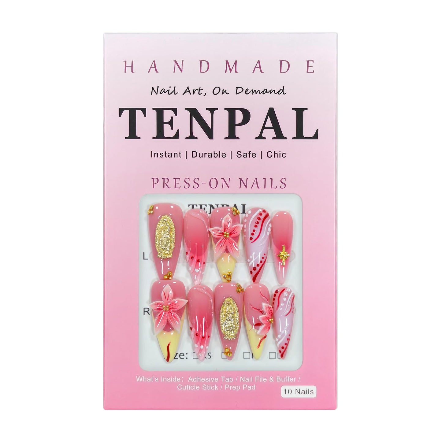 TENPAL Handmade Press on Nails Long Stiletto - Vivid Red 3D Floral Blush Ombre Hand Painted Design Fake Nails for Women Girls- Glossy French Tips Stick on Nails for Gifts(L)