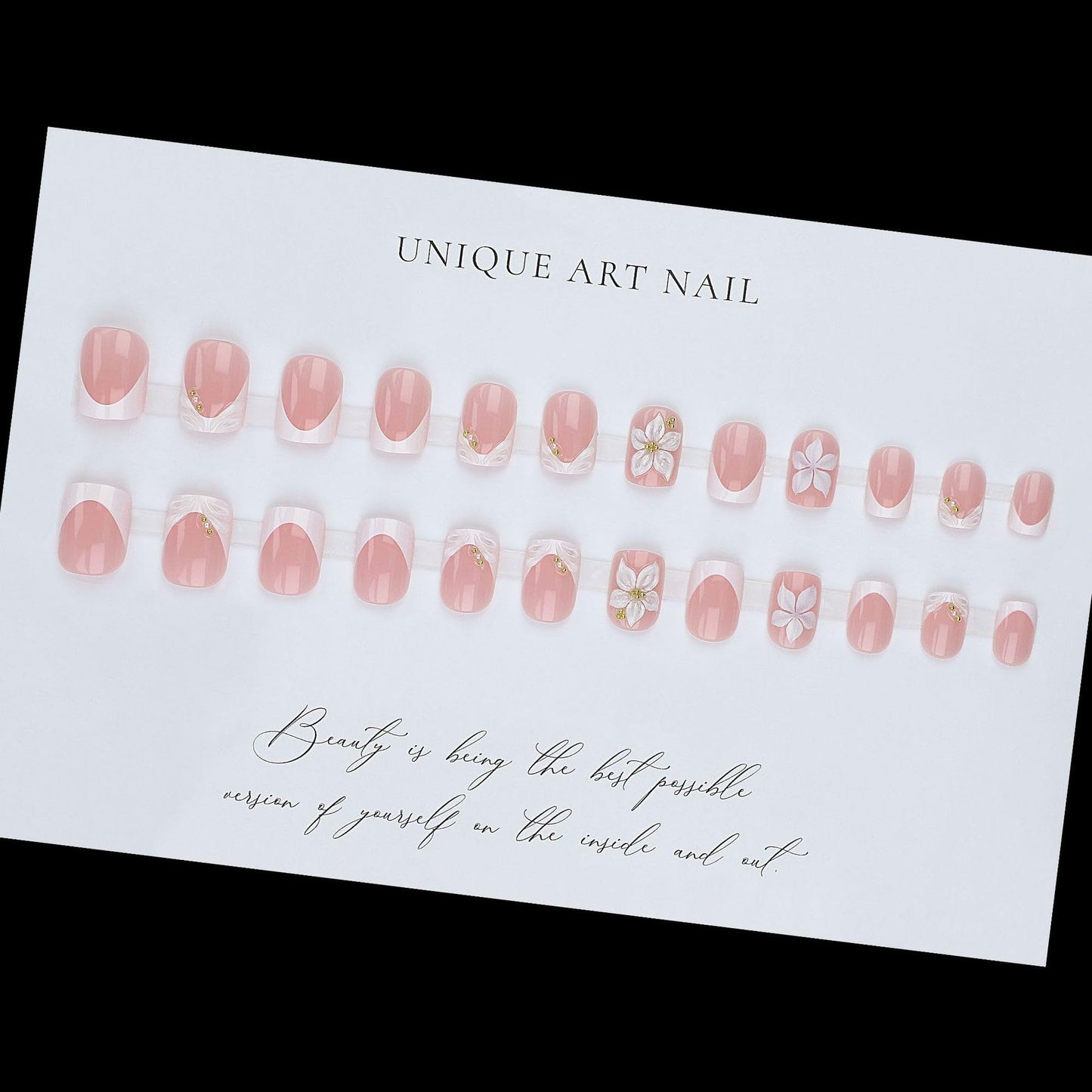 French Press on Nails Short Square White Fake Nails 3D Pink Flower Nail Press Ons with Gold Pearl Design Gold Nail Tip False Nails Spring Summer Stick on Nails Full Cover Glue on Nail for Women