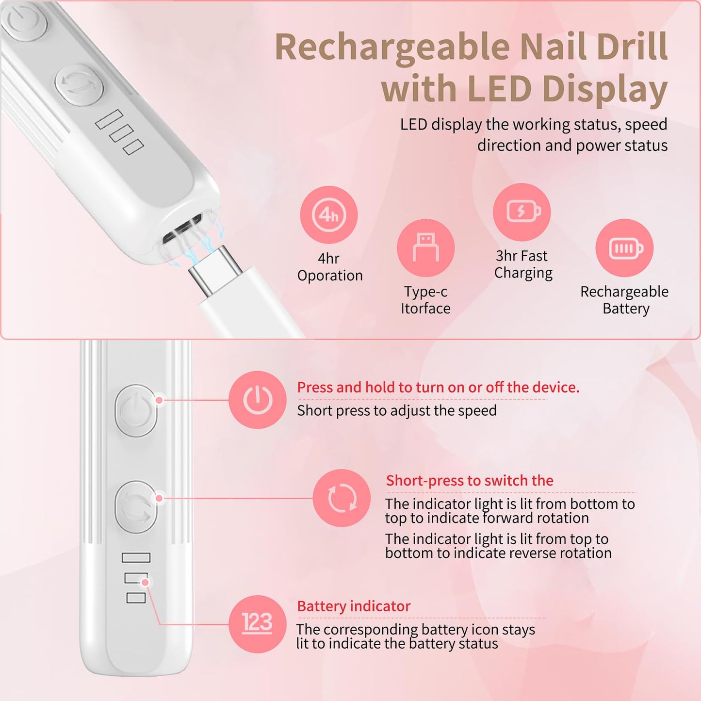 XunmotorYao Electric Nail File Set,Professional 3 Speeds Cordless Electric Nail Drill Kit for Acrylic Gel Nails,12 in 1 Manicure and Pedicure Tools for Home Salon(White)