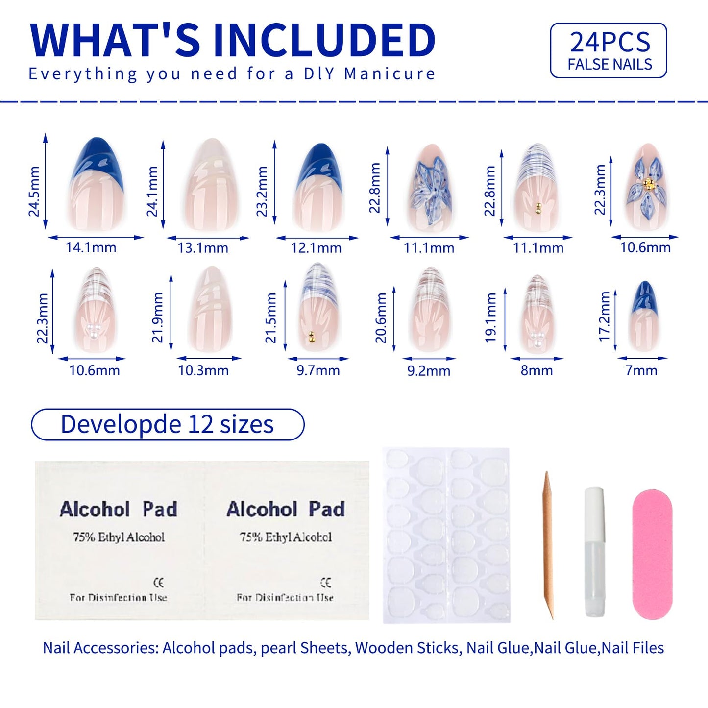 Short Press On Nails Almond, 24PCS Blue and White Floral Acrylic Fake Nails with Glue Kit, Glossy Plaid and 3D Flower Stick On Nails for Women, Reusable False Nails for Party, Wedding, Daily Wear