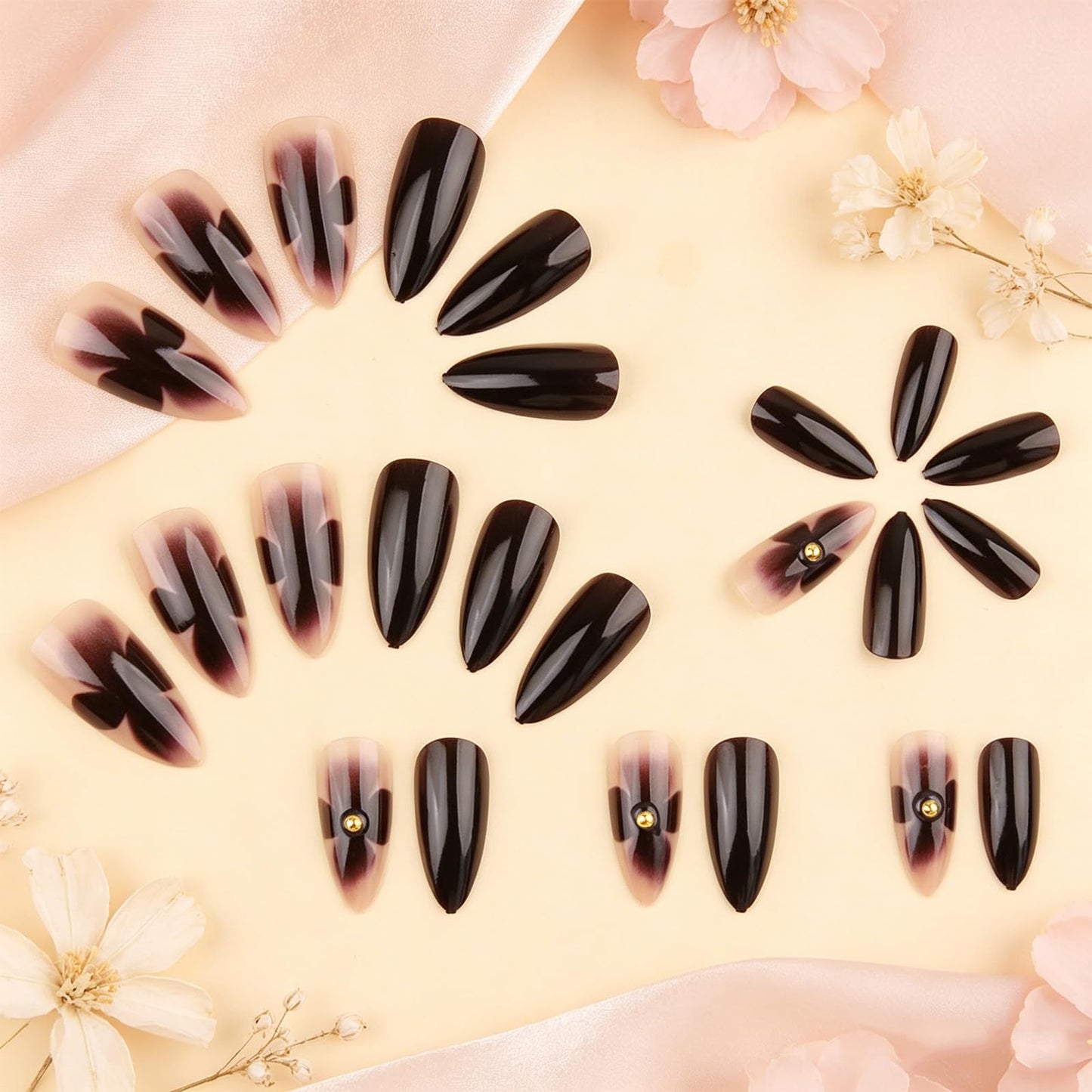 Press on Nails with Flower Design Floral Medium Almond False Nails Black Ombre Fake Nail Glossy Gold Accent Glue on Nail Gradient Stick on Fingernails for Women Elegant Daily Wear