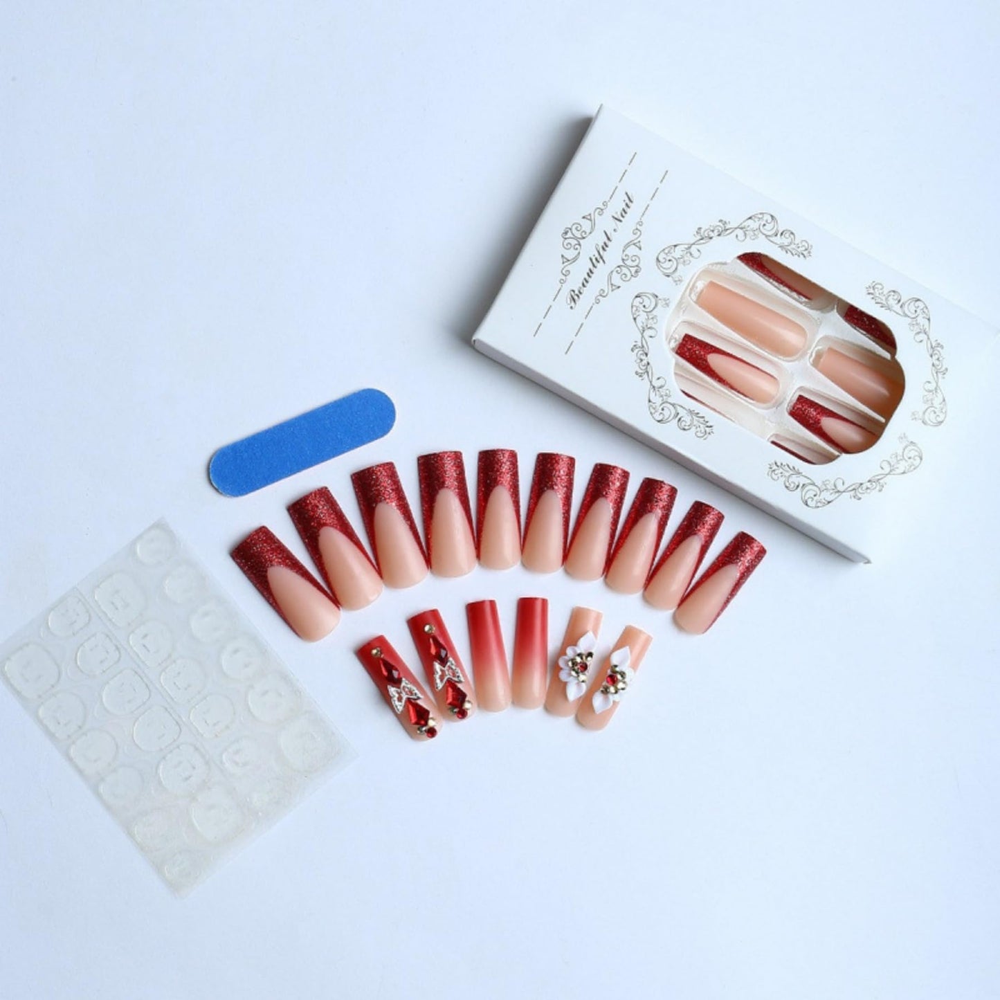 Octoswave Square Press on Nails Long Fake Nails Red French Artificial Nail 3D Bow Stick on Nail for Women 24pcs