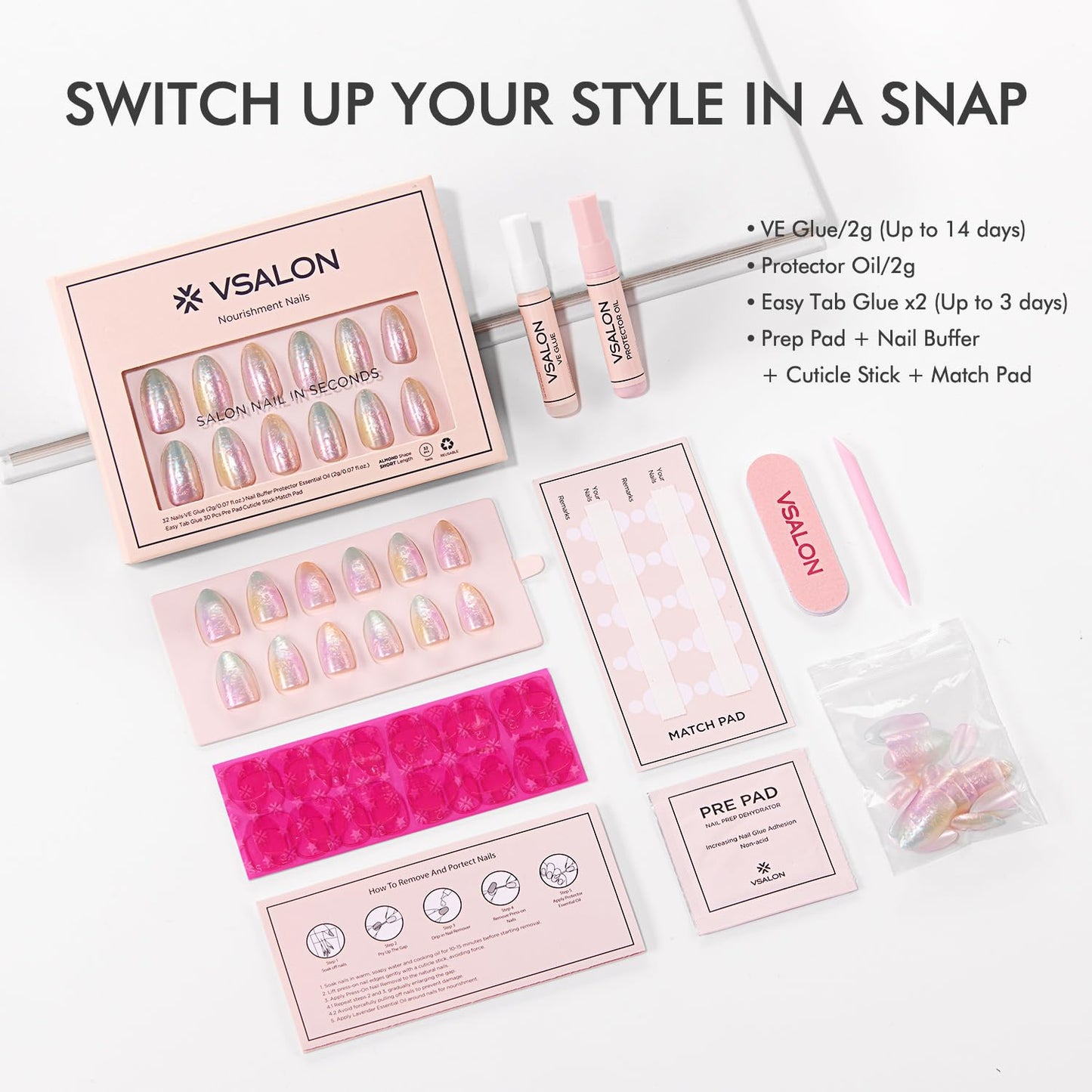 VSALON Press on Nails Medium Almond - Colorful Sfumato Golden Foil Nails Kit for Women, Reusable Spring Summer Opaque Soft Gel Fake Nails with Glue & Cuticle Oil - 32 PCS Glue On Nails in 16 Sizes