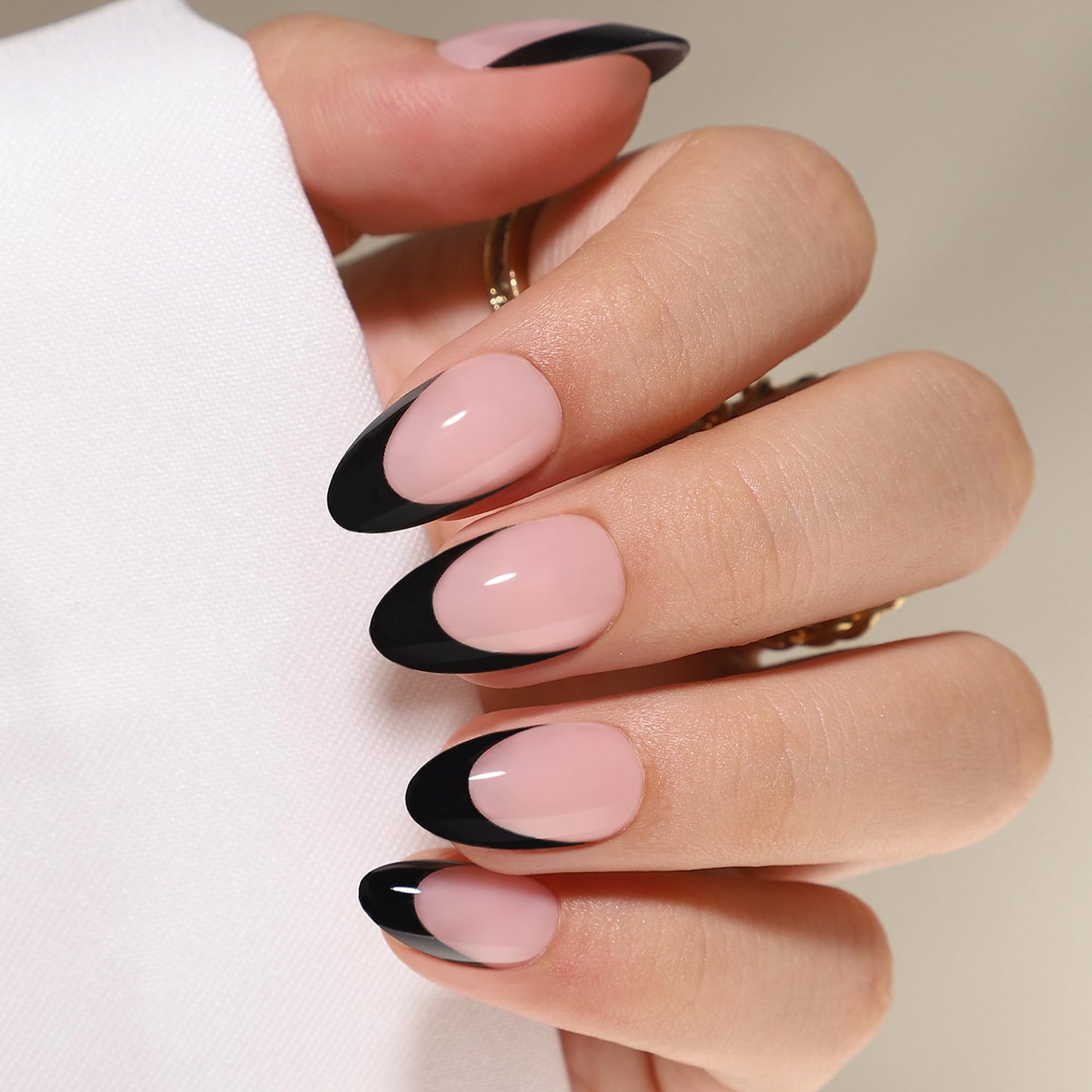 WAFOLOZE Black French Tip Press On Nails - Press On Nails Almond, Short Fake Nails with Nail Glue, Artificial Nails 16 Sizes - 32Pcs Reusable Soft Gel False Nails Tips Kit, Glue On Nails Short