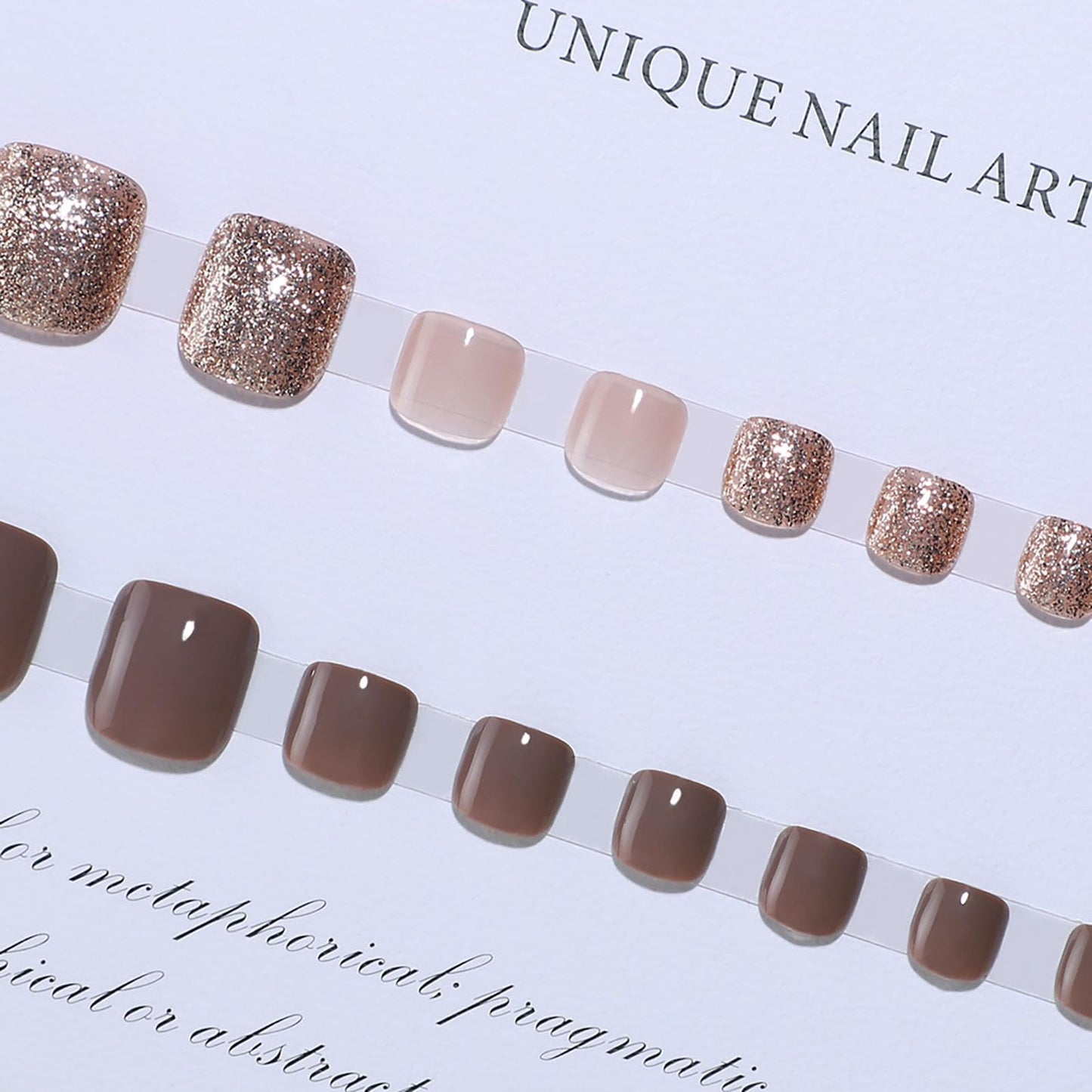 RUOKEXIN Short Press on Toenails Brown Fake Toenails with Gold Glitter Designs Square Toe Nail Press ons Sparkly Artificial Nails for Women 24Pcs
