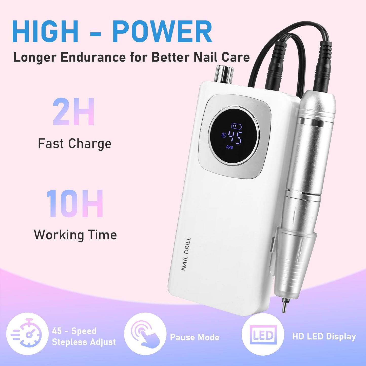 Rvggher Portable Electric Nail Drill Professional 45000 RPM, Rechargeable Electric Nail File Machine Kit for Acrylic Gel Nails Polishing Removing, Quiet E-File with Bits for Manicure Salon Home