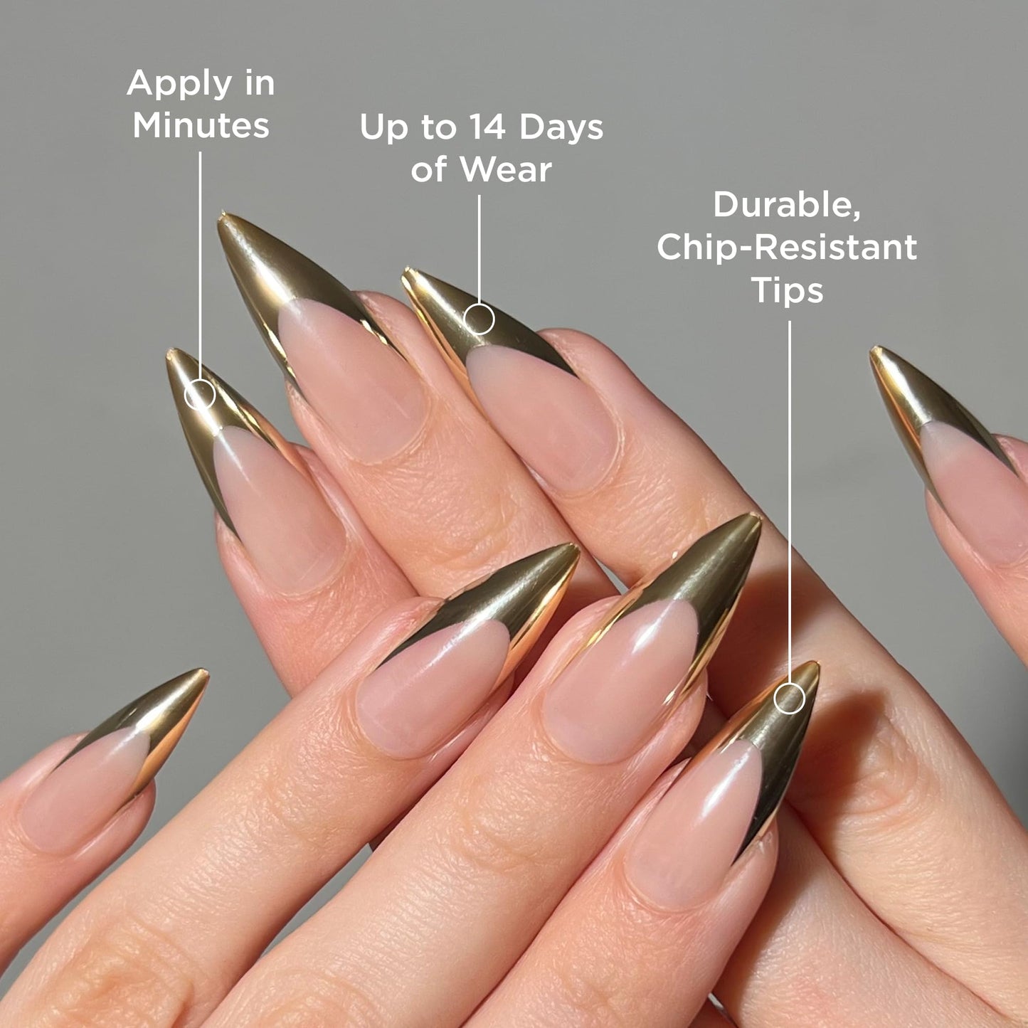 PaintLab Press On Nails - Gold Chrome Stiletto Fake Nails, 30 Nails in 15 Sizes with Glue, Reusable Salon Quality Chrome Press On Nails