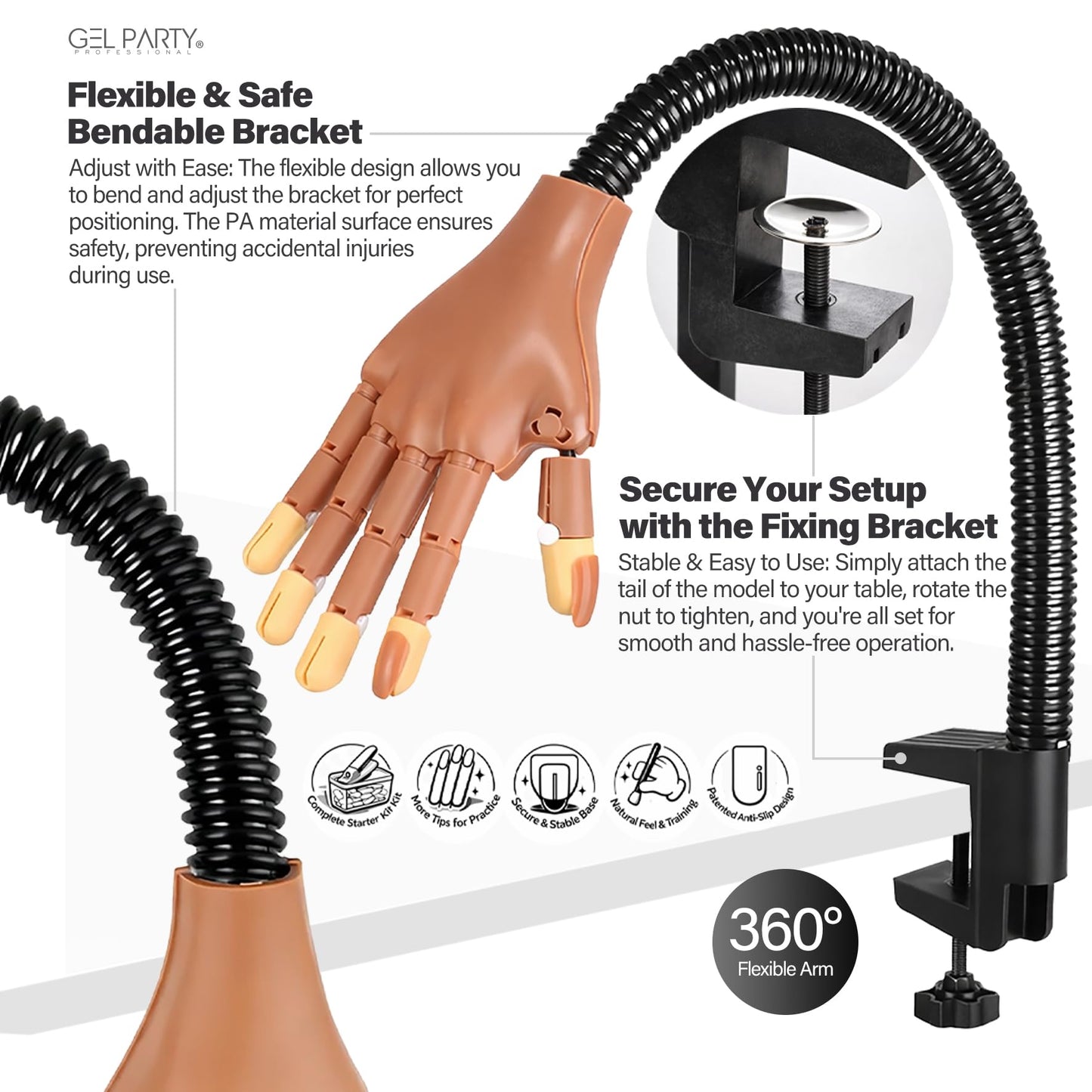 GELPARTY Flexible Nail Practice Hand with Table Clamp - Full Training Starter Kit for Acrylic & Gel Nails, Includes 200pcs Brown Tips, Clippers, Files & Brushes - Professional Manicure Set (Set A+)