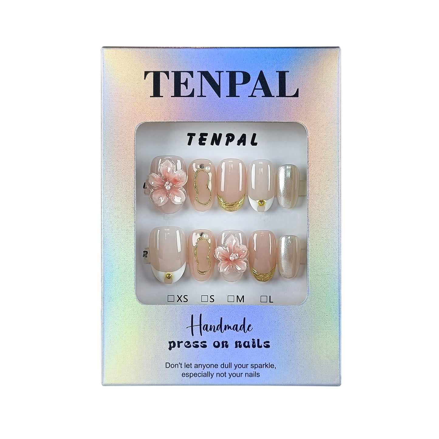 TENPAL Handmade Short Oval Fake Nails Kits,Glossy 3D Floral Iridescent White French Tips Press on Nails,Nude Pink Soft Gel Fake Nails 10pcs Kits,Full Cover Cute Nails with Designs for Daily(L Sizes)