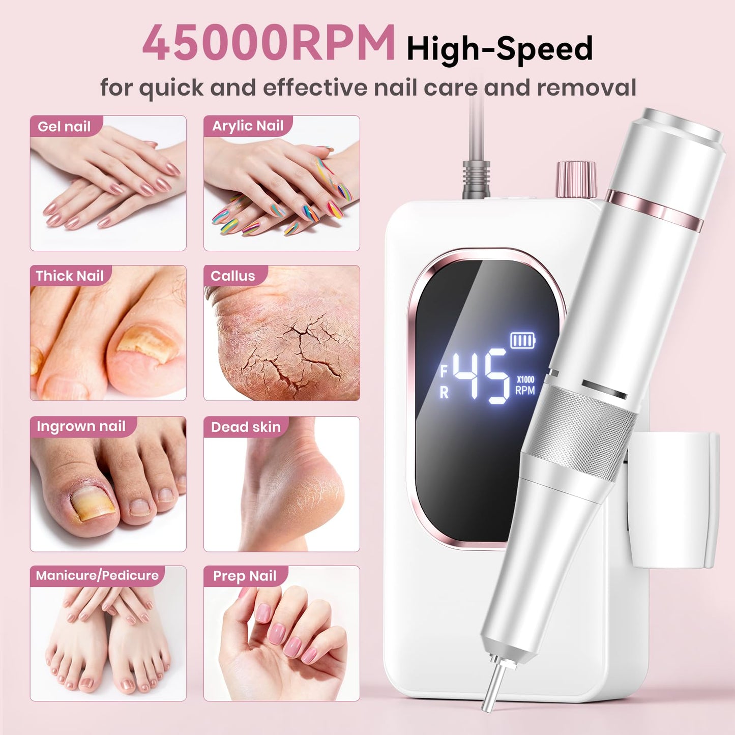 Professional Electric Nail Drill 45,000 RPM + 10pcs Nail Drill Bits & 50pcs Sanding Bands – Cordless Rechargeable Salon Kit for Acrylic, Gel Nails, Cuticle Removal, Shaping & Polishing