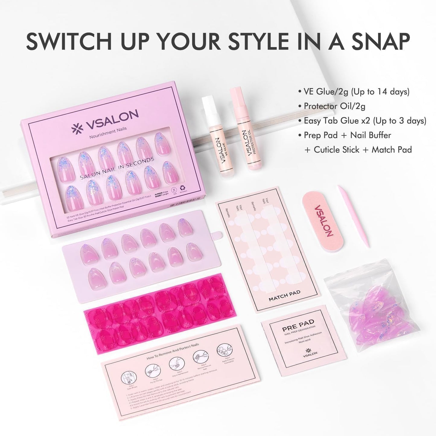 VSALON Almond Short Press On Nails, Summer Pastel Pinky Purple Ombre Blue Sparkle Confetti Sheer False Nails, Reusable Soft Gel Fake Nails with Glue & Cuticle Oil - 32 PCS in 16 Sizes