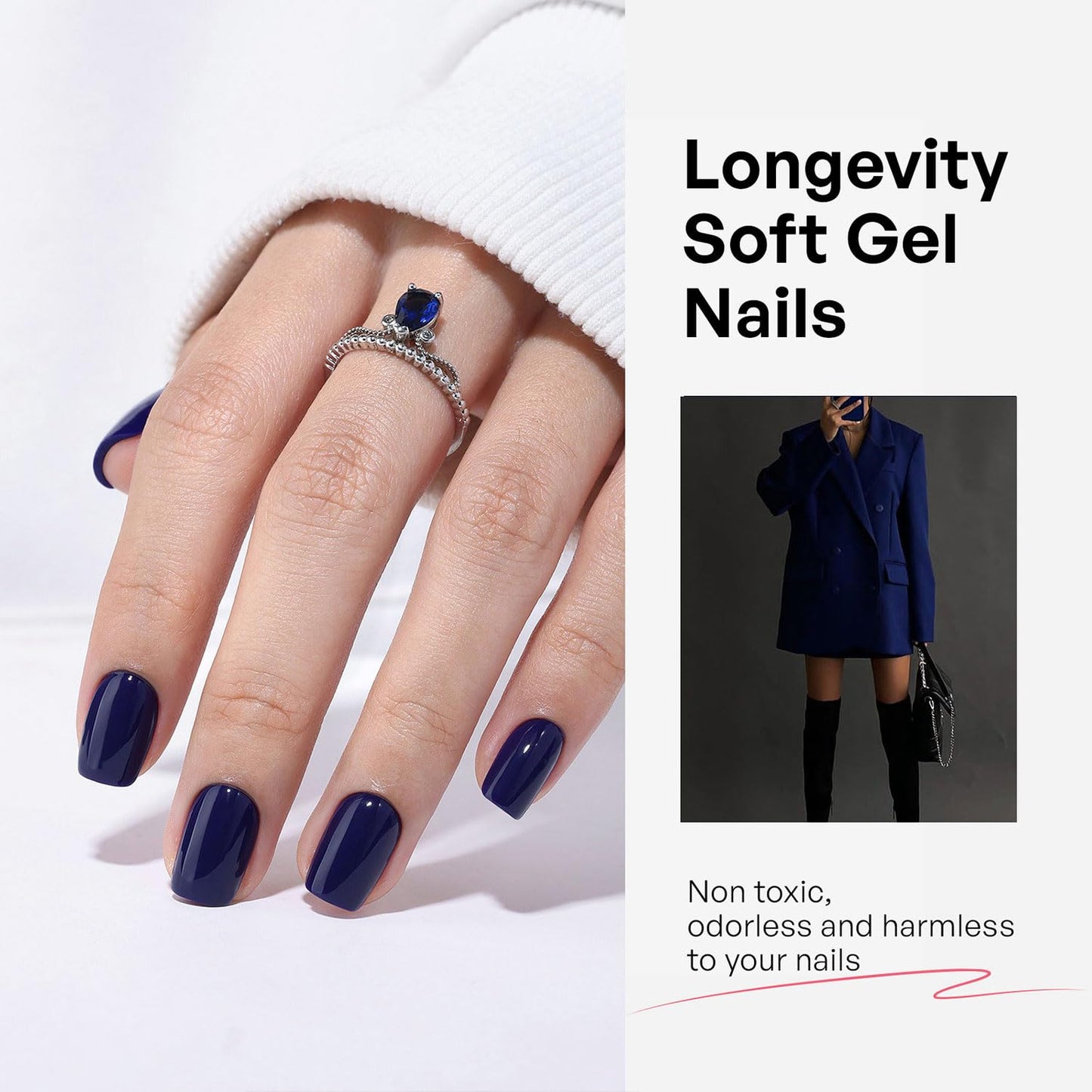 Electric Navy Blue Press On Nails Square - GJZEZ Soft Gel Short Glossy Fake Nail Press Ons with Glue for Women, Natural Opaque Reusable Glue On Nails in 16 Sizes - 32 PCS Stick On Nail, Indigo