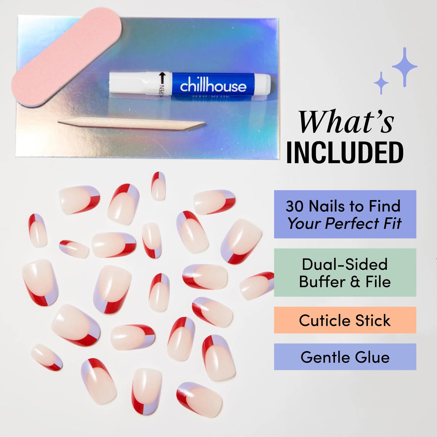 Chillhouse - Chill Tips, French Tip Press On Nails Kit - Split the Bill (Oval) - 30 Nail Shapes & Sizes - 2 Weeks of Wear - Customizable Fit - French Manicure Kit - Women Owned - Beauty & Self Care