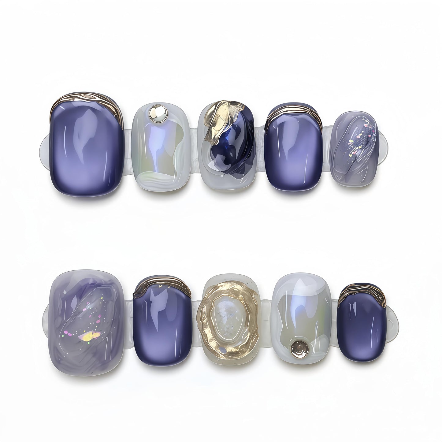 Fine Point Handmade Press On Nails - Short Purple Aurora Shine with Blooming Effect Ink Art, Gold Accents, Iridescent Metallic Glitter - Fake Nails, Nails Press Ons, Short Press On Nails (Size Large)