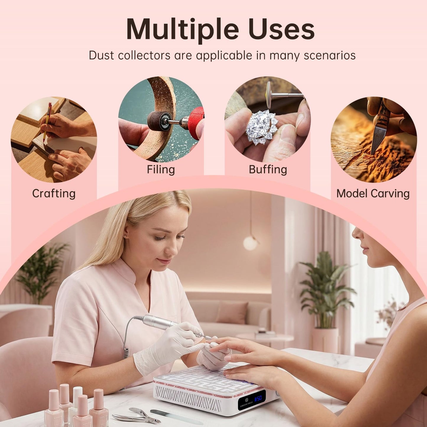 CHRISTINE SHELLY Cordless Nail Dust Collector, Professional Portable Dust Collector Nail Tech, Powerful 2400PA 19500RPM Nail Fan Vent Dust Collector Extractor with 50 Gears, Low Noise, Nail Salon