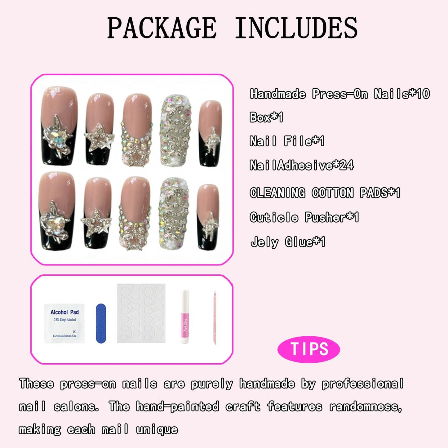 Press On Nails Long Square Handmade Star Rhinestone Black French Tip Nude Pink Full Cover Reusable Acrylic Nails for Women Party Festival Daily 10Pcs (Size M)