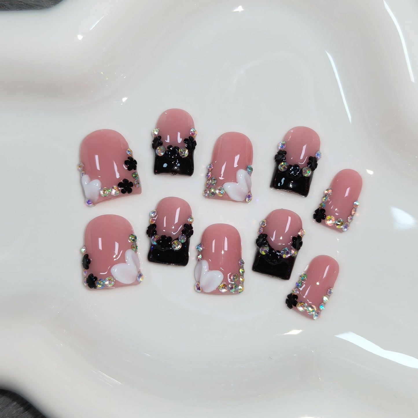 TENPAL Short Squoval Square Press on Nails - Nude Pink French Ombre Black White with Glitter Carving Florals| Icy Glossy Sweet Edge Style False Nails(M)