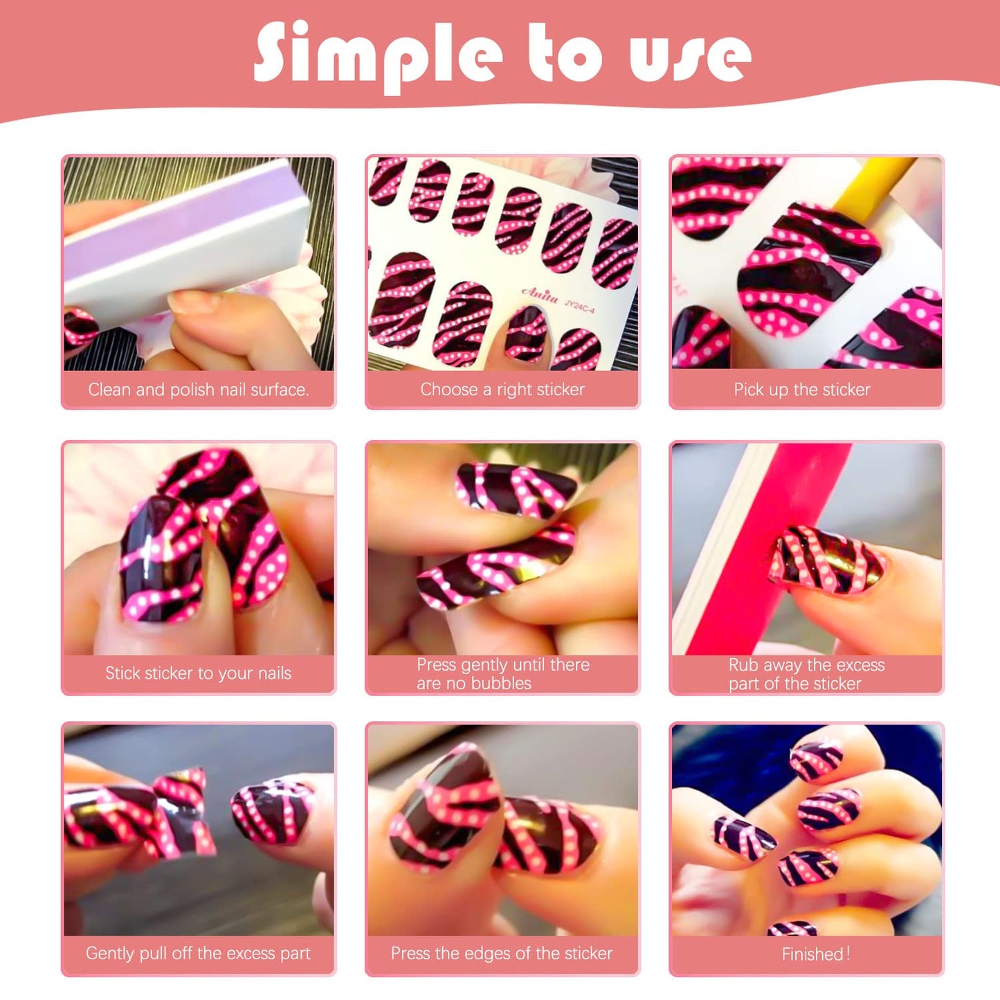 DANNEASY 24 Sheets Nail Polish Stickers Full Nail WrapsSolid Color Nail Polish Strips for Women Gel Nail Strips Self Adhesive Fingernail Stickers Manicure Kit with File, Cuticle Stick