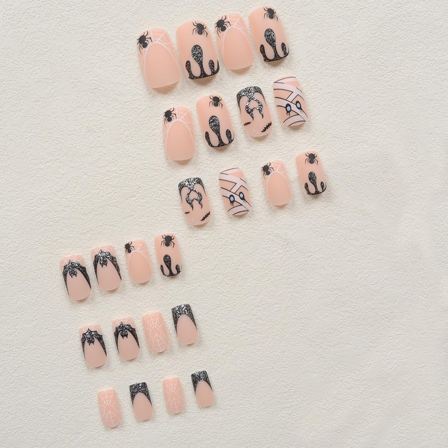 Press on Nails Halloween Square French Tip Fake Nails Mummy and Cobweb Designs Stick on Nail Nude Color Acrylic Nail Halloween Glue on Nails Full Cover Matte False Nails for Women Girls 24Pcs