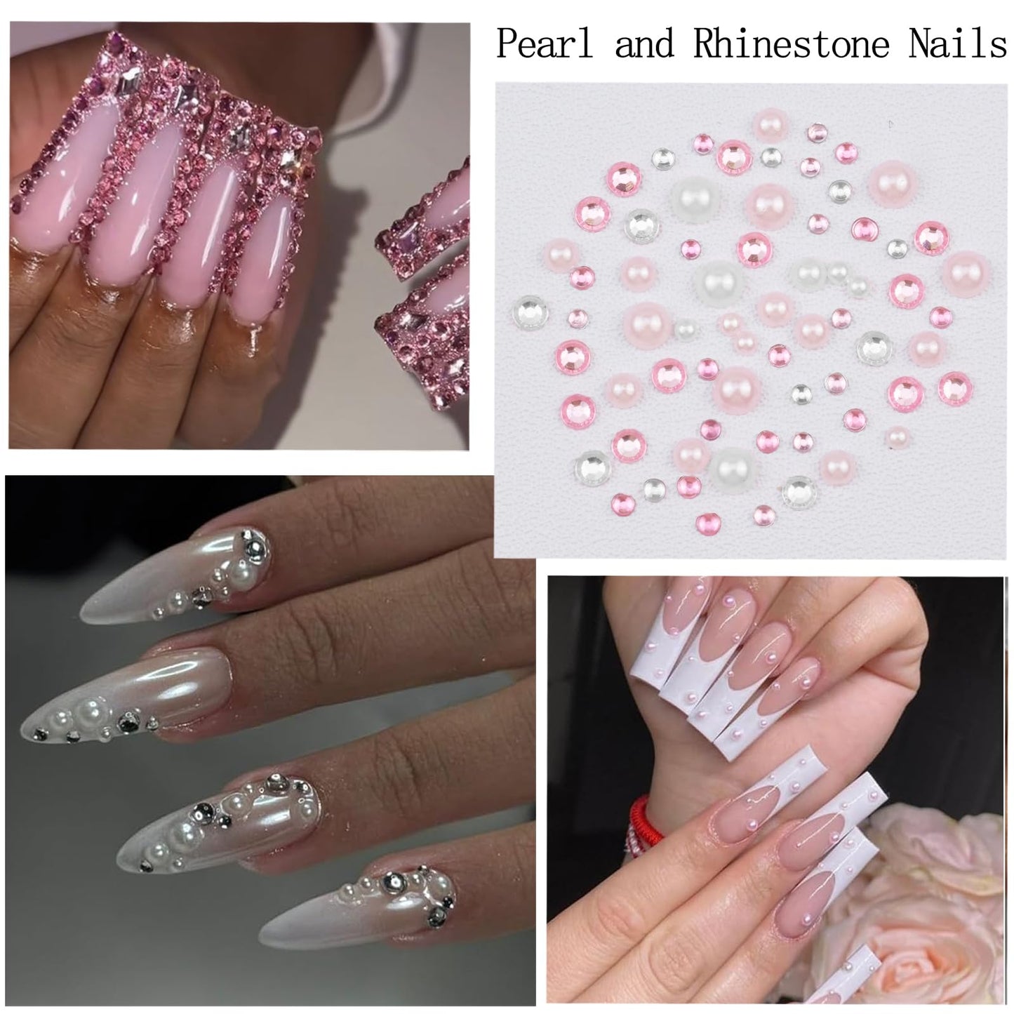 SEMATA Pink Nail Art Pearls Charms Flatback Nail Rhinestones Mixed Size Nails Gems Pink Purple Blue Nails Pearls Rhinestones Art Accessories Decoration Design for Women