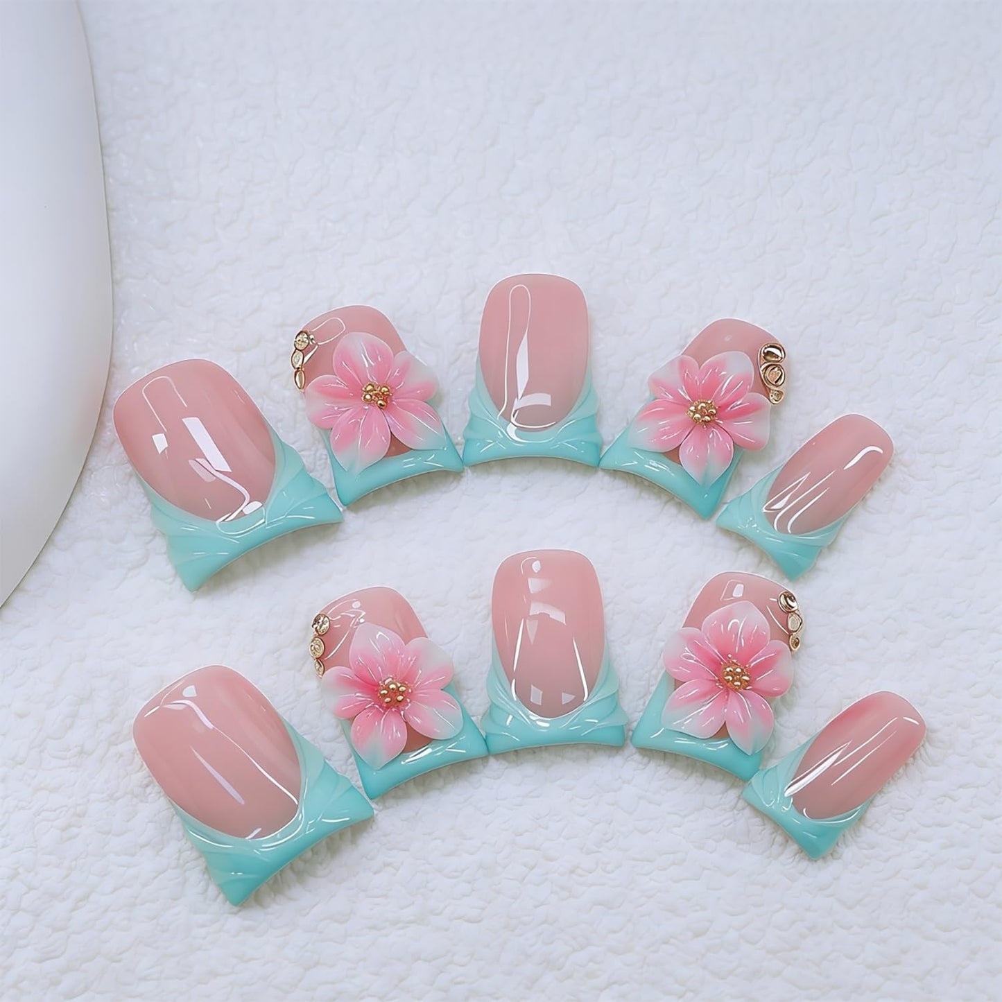 Duck Press on Nails Handmade 3D Pink White Flower Fake Nails Muti-Layer Soft Gel Short Blue French Tip Acrylic Nails Salon Quality Handmade False Nail Press Ons Luxury Stick on Nail for Women (M)