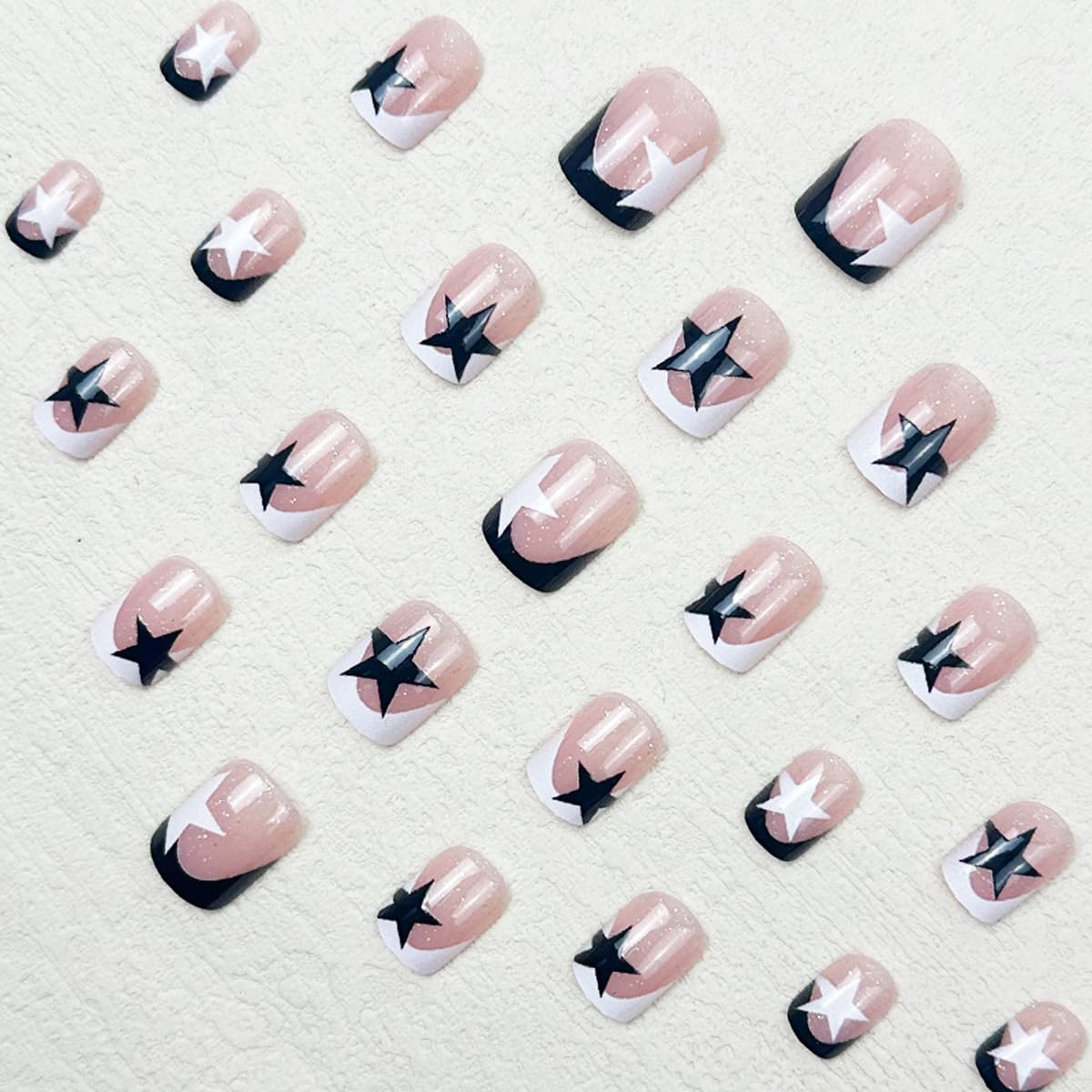Star Press on Nails French Tip Fake Nails Short Square False Nails Press ons with Design,Reusable Artificial Nails Full Cover Glue on Nails Stick on Nails for Women Manicure 24 Pcs