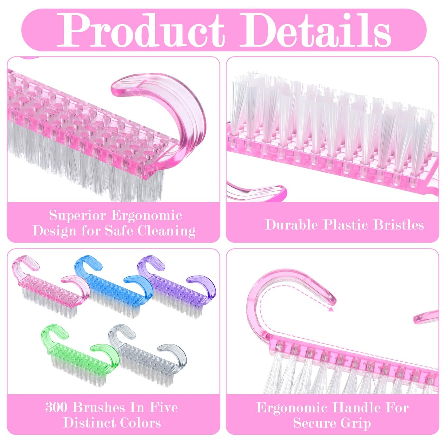 300 Pcs Handle Grip Nail Brush Bulk, 5-Color Nail Scrub Brushes for Toes and Fingernails Cleaner, Pedicure & Manicure Scrubbing Kit for Men and Women