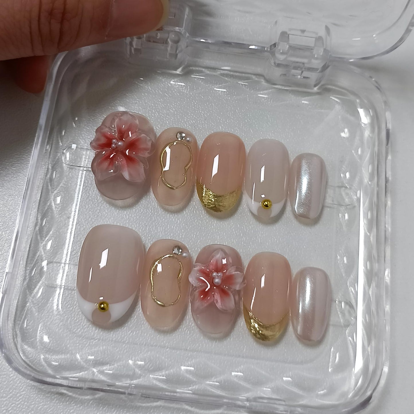 TENPAL Handmade Press on Nails Short Oval Shape,Frosted French 3D Floral Nails with Iridescent Accents,Nude Pink False Nails Kit 10pcs,Ethereal Elegant Designs Fake Nails for Daily(M)