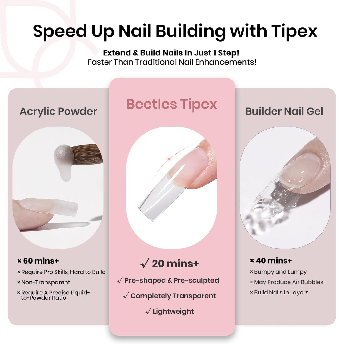 Beetles Tipex Instant Apex Nail Tips, Long Square, 16 Sizes |00–14, 192pcs, Built-In Apex, No Builder Gel Required, Thicker Strong Acrylic Tips for DIY Nail Extensions