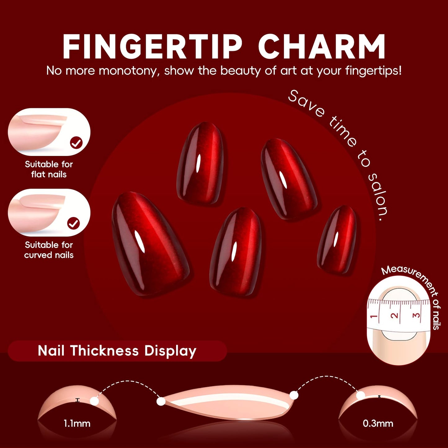 HOSAILY Red Cat Eye Press on Nails Almond, 24pcs Glitter Burgundy Fake Nails Short Stiletto, Winter Xmas Black Dark Red Glue on Nails Press ons, Glossy Shiny Bling Natural Stick on Nail for Women Gift