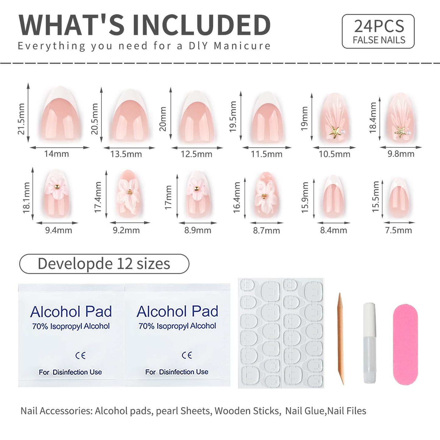 Mivota White Flower Press On Nails short, 24pcs Almond French Fake Nails with 3D Floral Design, Pearl & Starfish Decor, Glossy Nude Acrylic Stick On Nails Kit for Women Girls Manicure