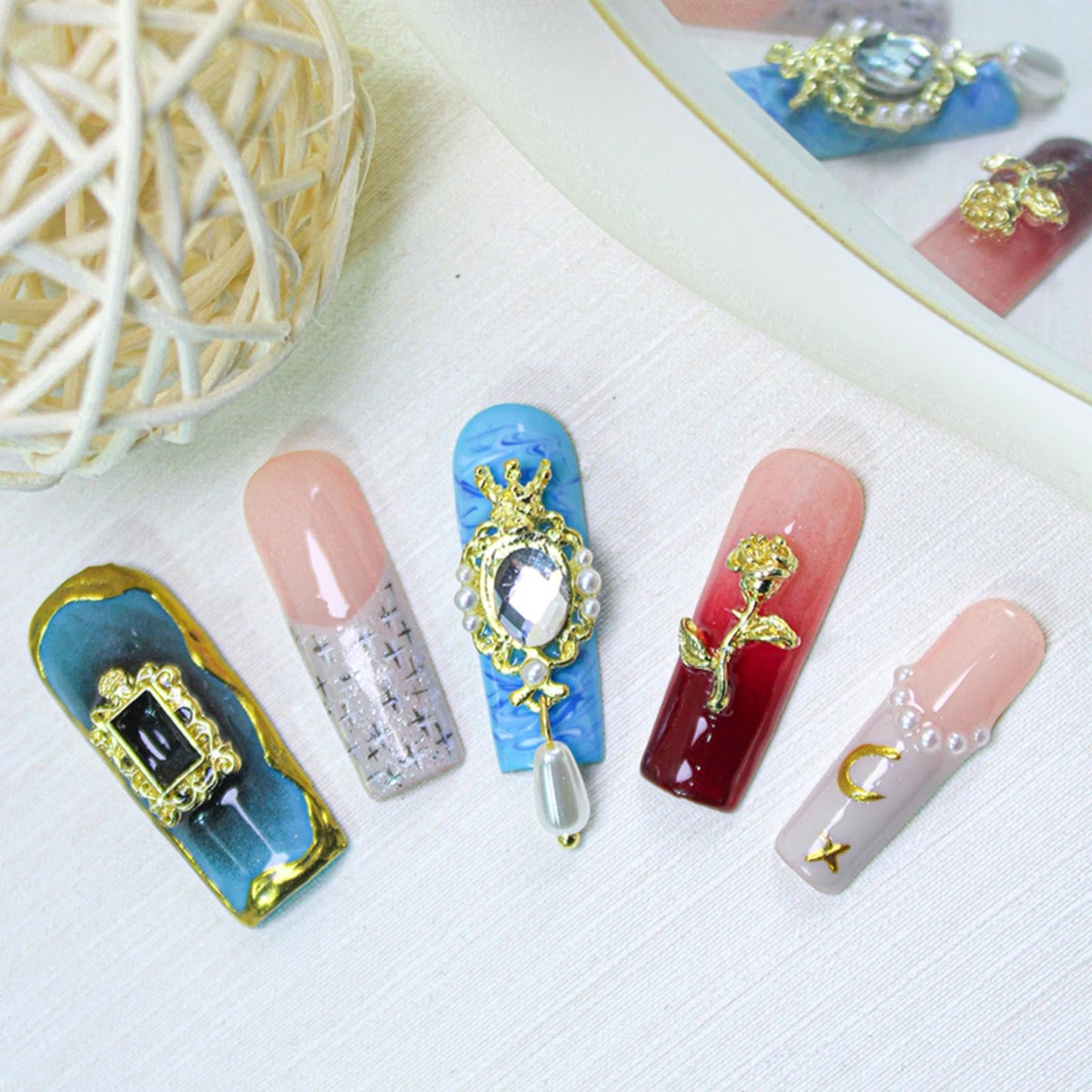 Maigitur 100% 5D Handmade Press on Nails with Charms Long Square Nails Press ons- French Tips False Nails Diamond Rose Heart Charms Press on Nails for Women Girls Daily Wear DIY Manicure Size M