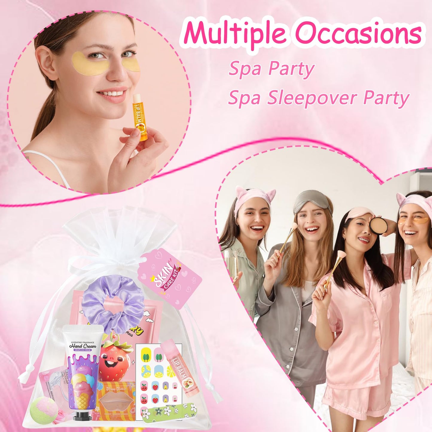 96 PCS Spa Party Supplies for Women,Spa Favors Include Face Masks, Hand Cream, Lip Balm, Under Eye Patches, Lip Mask,Foot Bomb,Nail Stickers,Sleepover Party Supplies Birthday Kit for Girls Gift Set