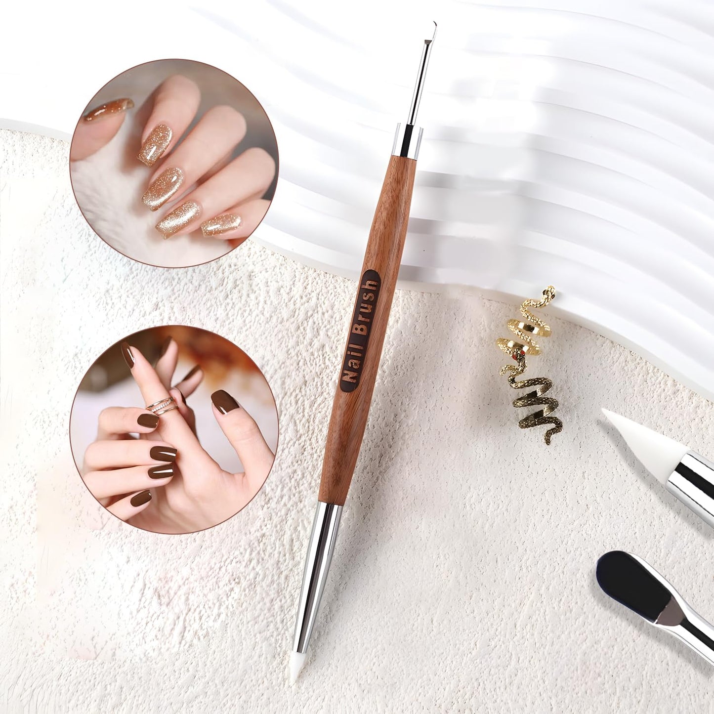 Double Nail Art Sculpture Pen: Silicone & Metal Dual Tipped Nail Brushes Silicone Nail Art Tools for Design Nail Foil Carving Drawing Shaping Effect Nail Art Pens for Home and DIY (Sandalwood)