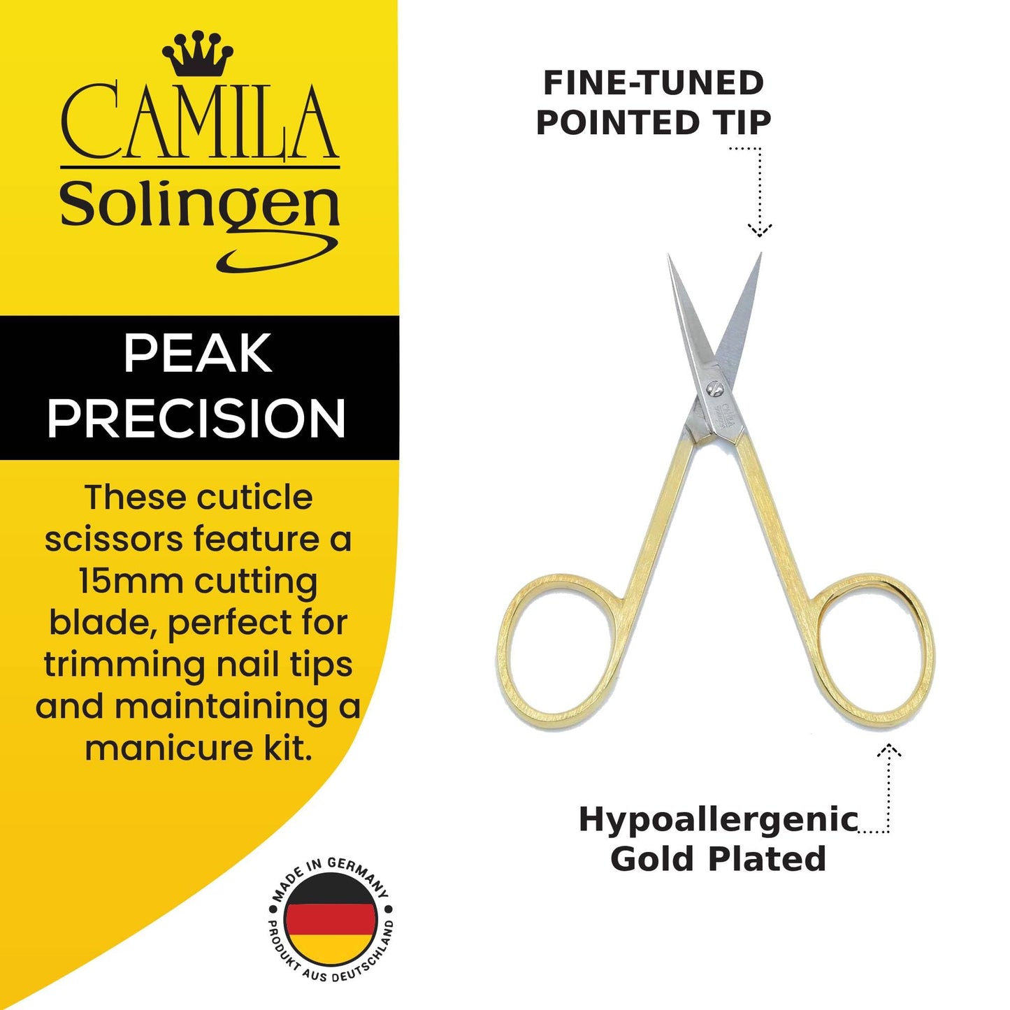 Camila Solingen CS05 Professional Nail Cuticle Scissors, Hypoallergenic Gold Plated Sharp Curved Manicure Pedicure Grooming for Finger and Toe Nail Care. Made of Carbon Steel in Solingen, Germany