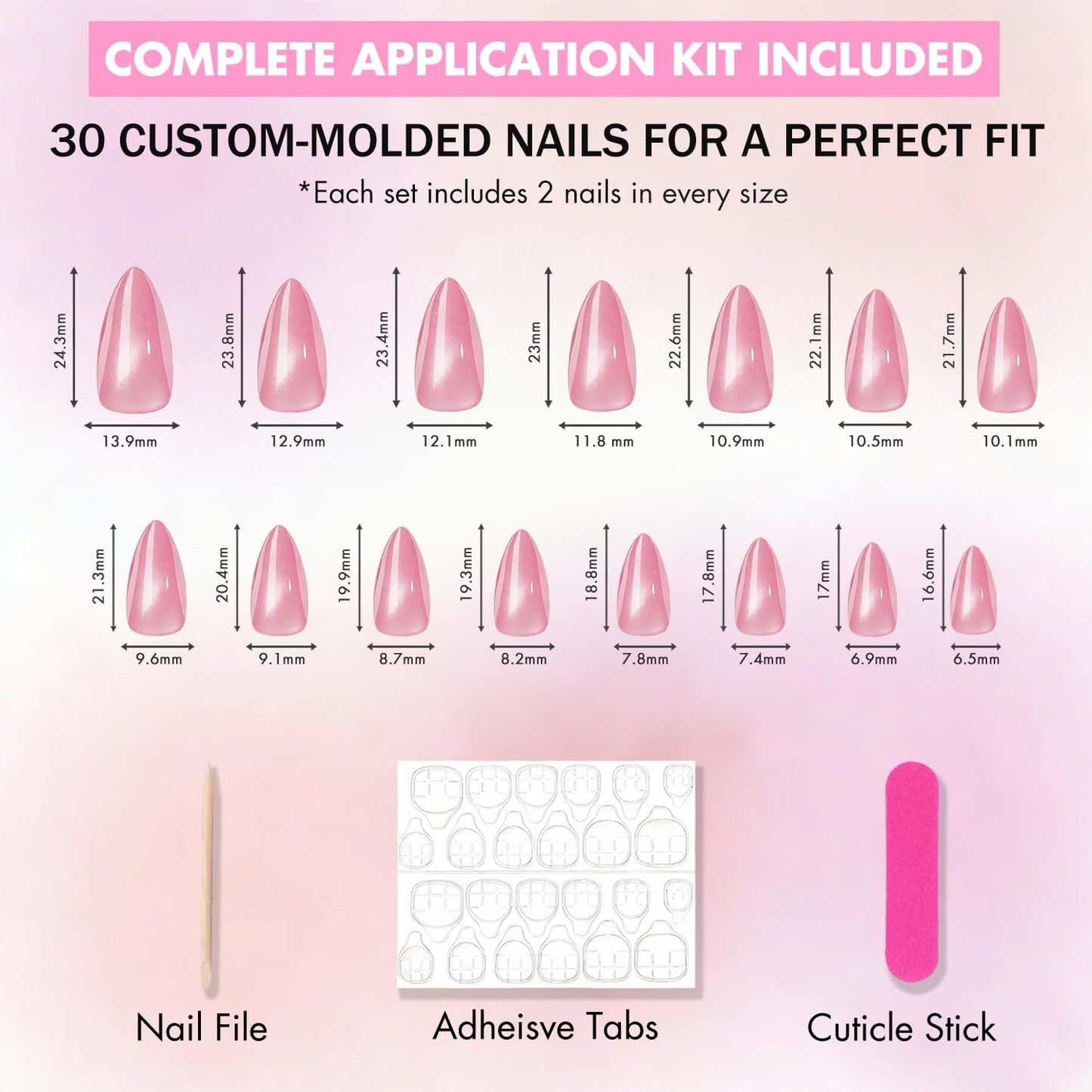 KQueenest Cat Eye Press On Nails Almond - Pastel Pale Pink Press On Nails Medium Stiletto, 30 Pcs 15 Sizes Glitter Fake Nails Press ons, Upgrade Thick Quality Bling Reflective Glue on Nail for Women