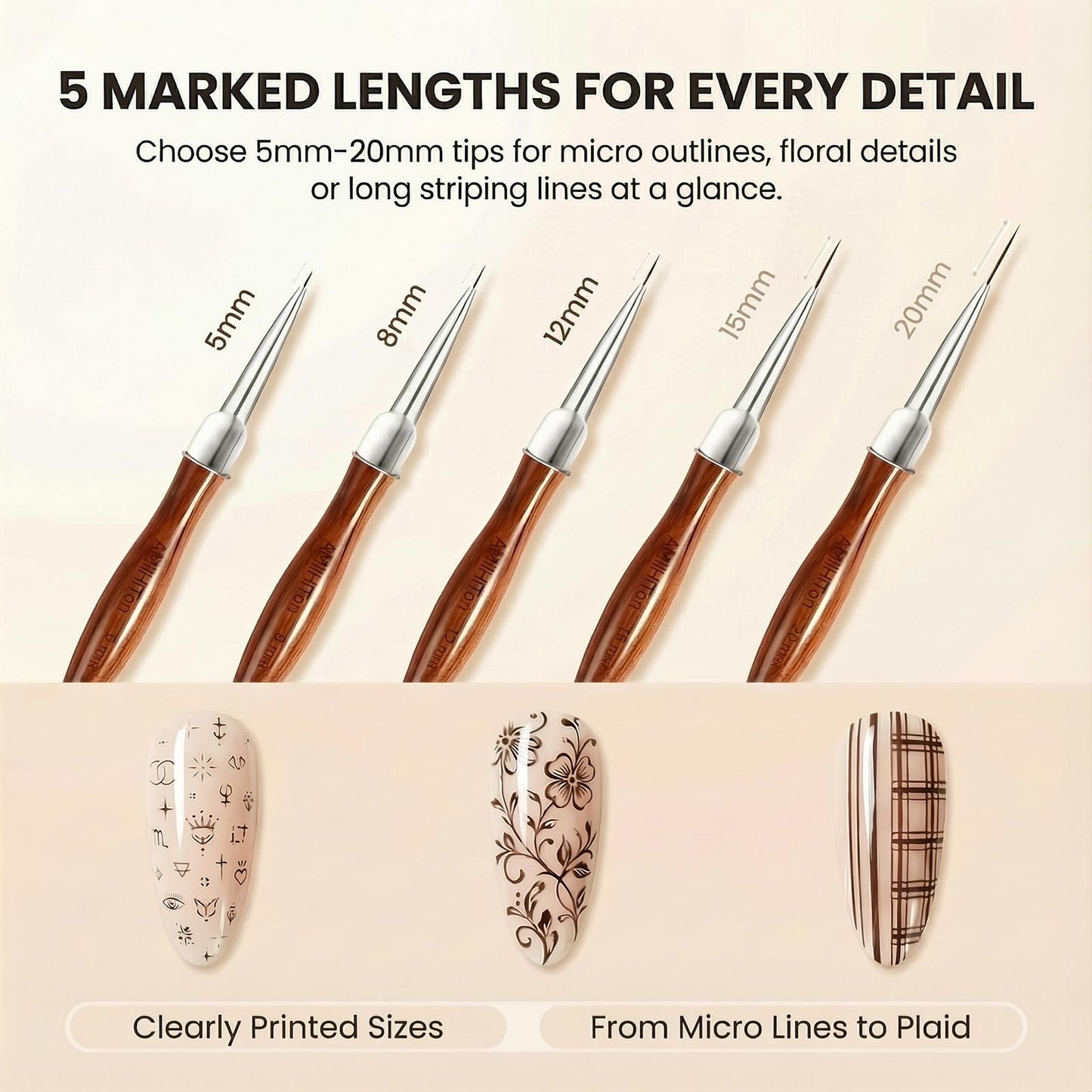 AMiLHiTon 5 Pcs Nail Art Liner Brushes, Wooden Handle Striping Brushes for Ultra Fine Lines, Plaid & Floral Detailing, Gel Polish & Acrylic Painting, 5/8/12/15/20mm (Wood Color)