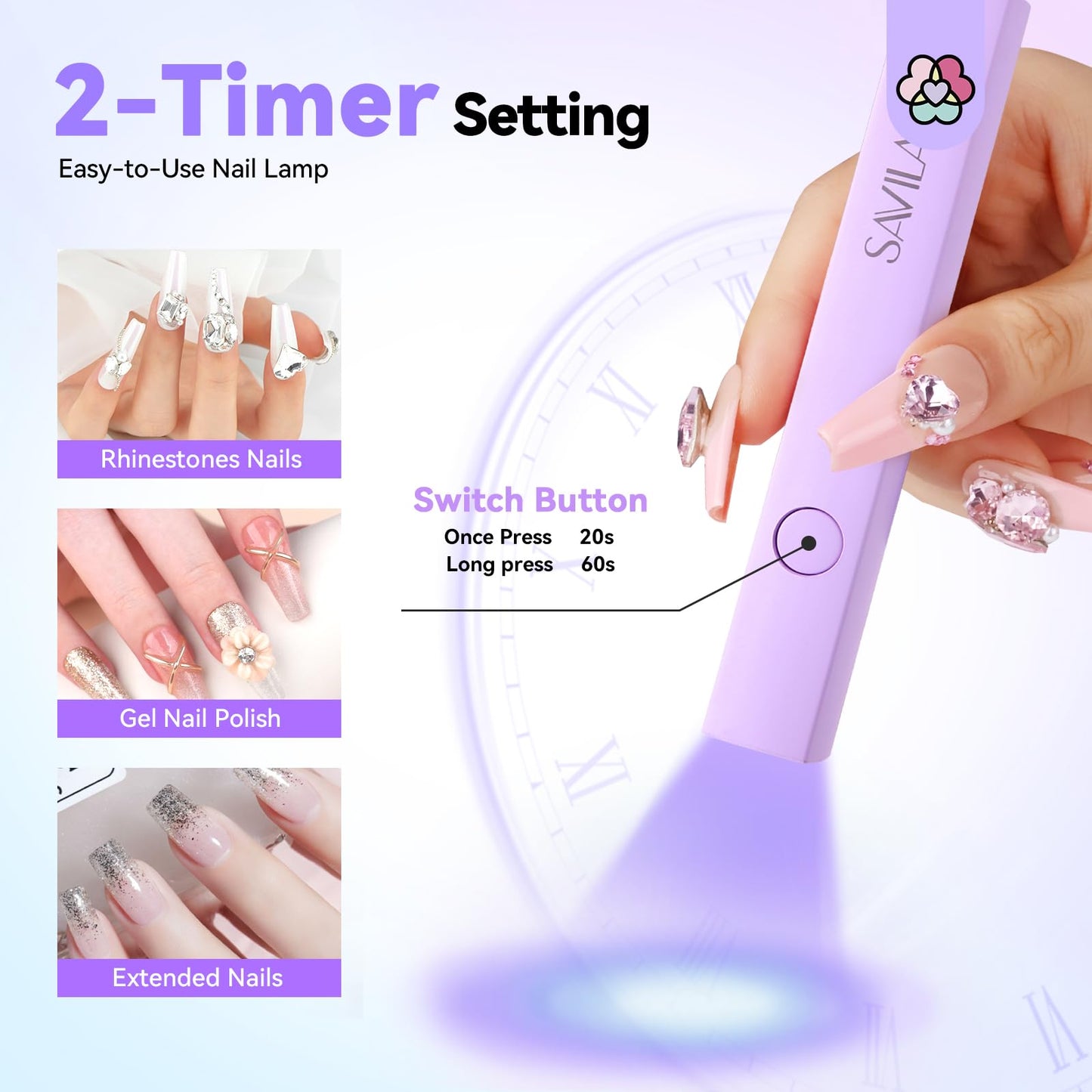 SAVILAND Nail Stand for Press On Nails Display:15pcs Nail Stand Set 3X Strong Magnet Fake Nail Holder Painting Handheld U V Light for Nails: 3W Portable Mini UV Light for Gel Nail Sticker