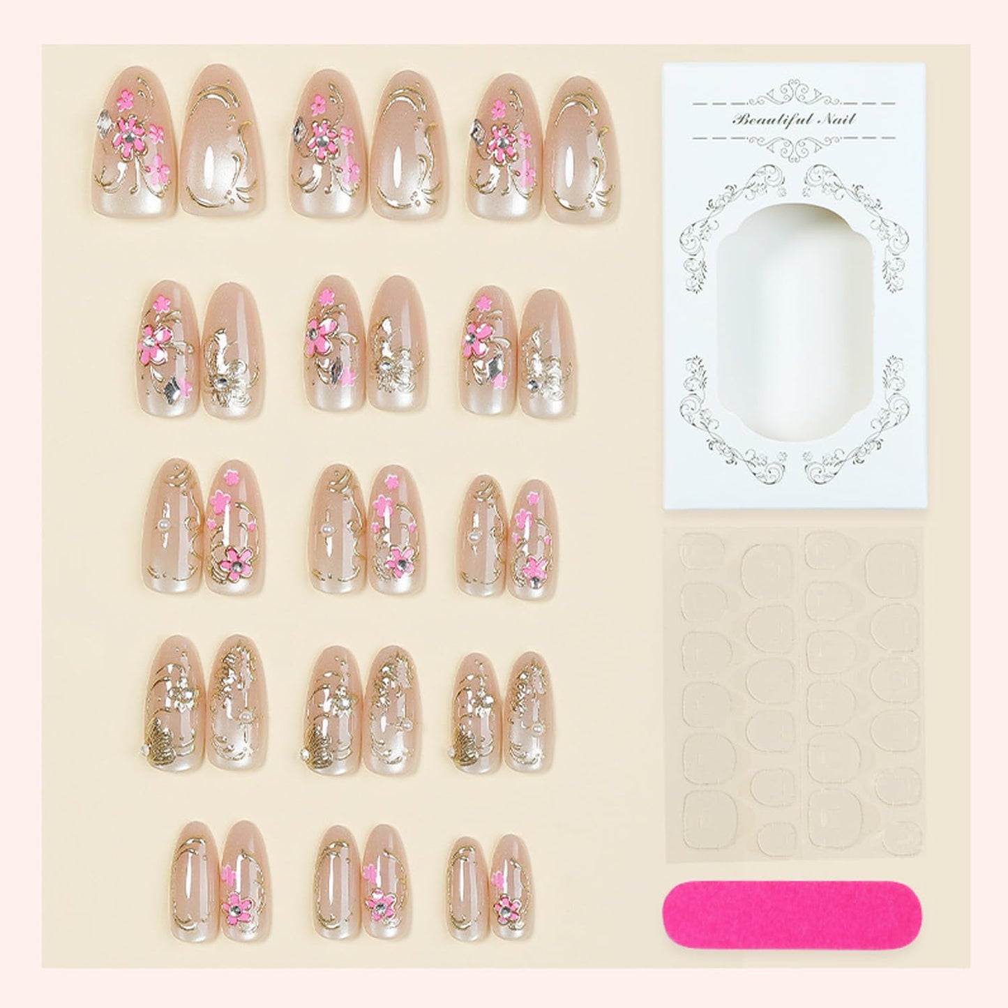 30Pcs Flower Press on Nails Medium Almond Fake Nails with 3D Rhinestone Pearls Design Gilded Flowers Star False Nails Nude Pink Smudge Full Cover Spring Summer Floral Artificial Acrylic Nail for Women