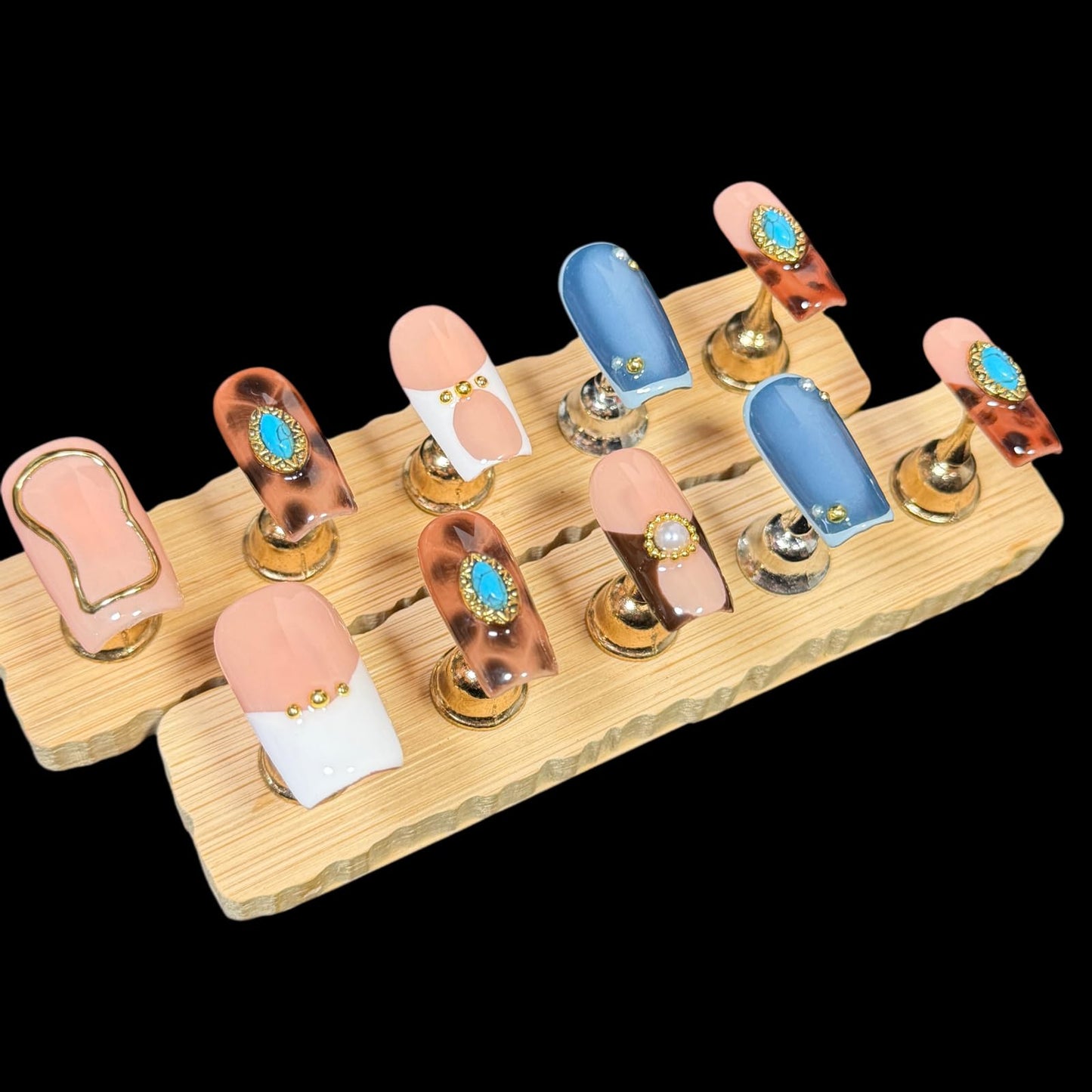 Handmade Press on Nails - Turquoise & White French Tip Short/Medium Square Shape, Amber Print Acrylic Reusable False Nails with Pearl Accents (Turquoise, L)