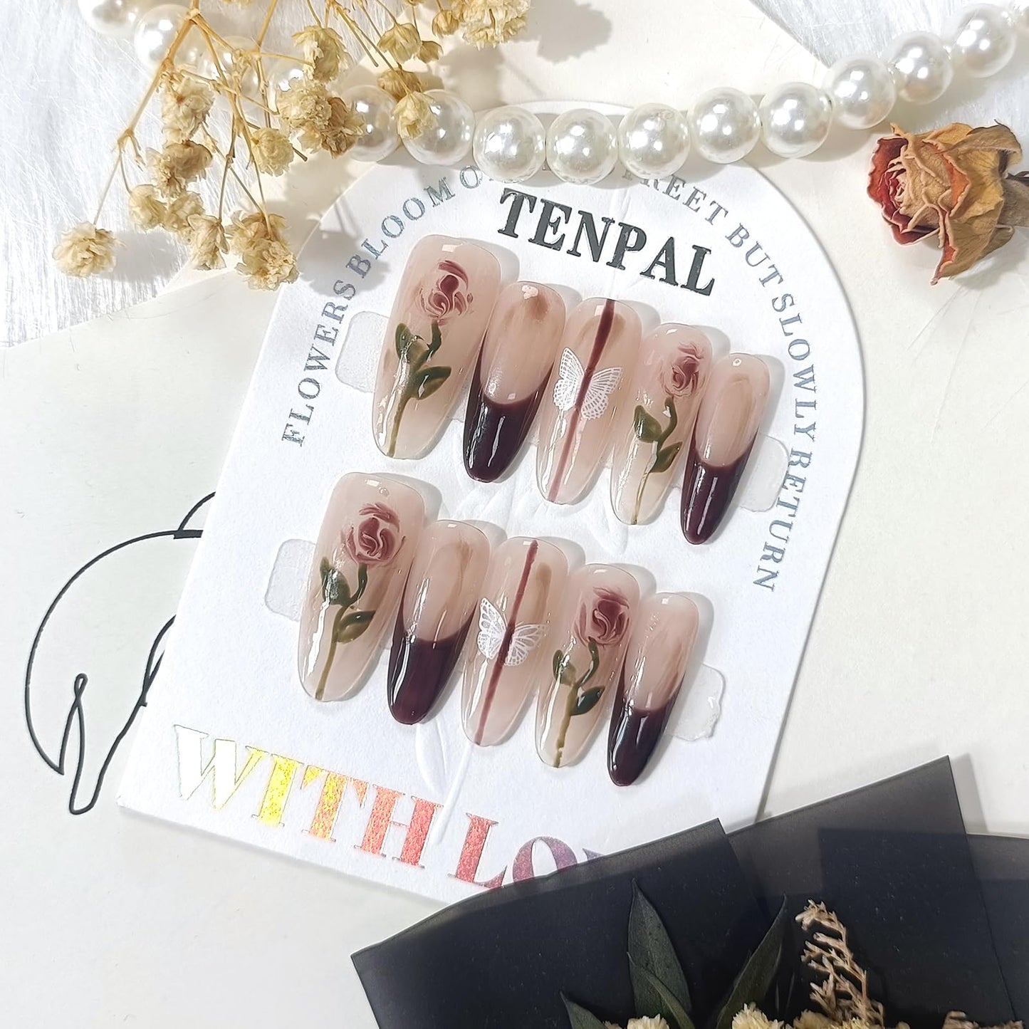 TENPAL French Tip Press on Nails Almond Black Nails Press ons Long Almond Fake Nails With Hand Painted Rose Butterfly Designs 10pcs/Box Sweet Cool Y2k Sexy French Handmade Nail Tips For Women Girls(S)