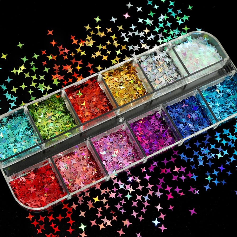 1 Box 12 Color Holographic Star Nail Glitter Silver Gold Nail Sequins 3D Colorful Nail Flakes Sparkly Powder Flakes Shiny Nail Glitter Laser Nail Sequins Glitter for Nails Art 12 Grids