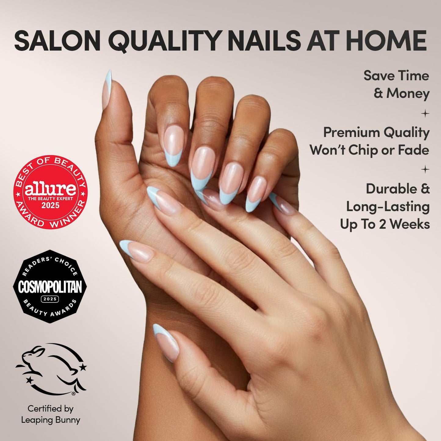 Glamnetic Press On Nails - Blueberry Icing | Short Almond Baby Blue French Tip Fake Nails with a Glaze Finish | 15 Sizes - 30 Nail Kit with Glue